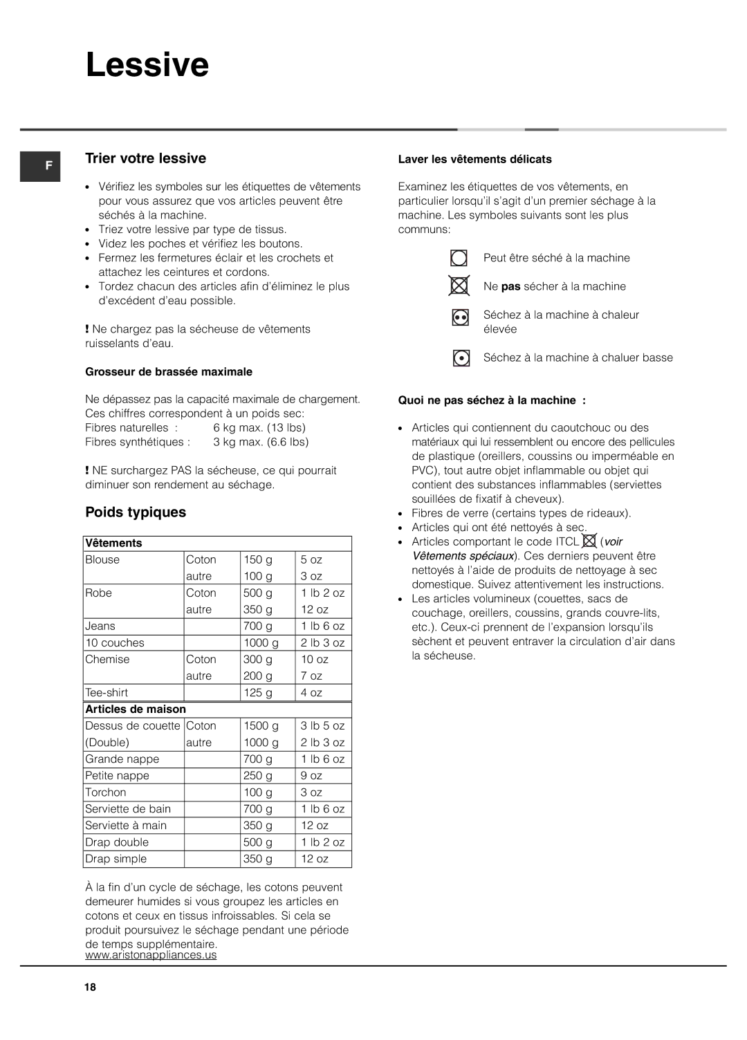 Ariston AS65VXS important safety instructions Lessive, Trier votre lessive, Poids typiques 