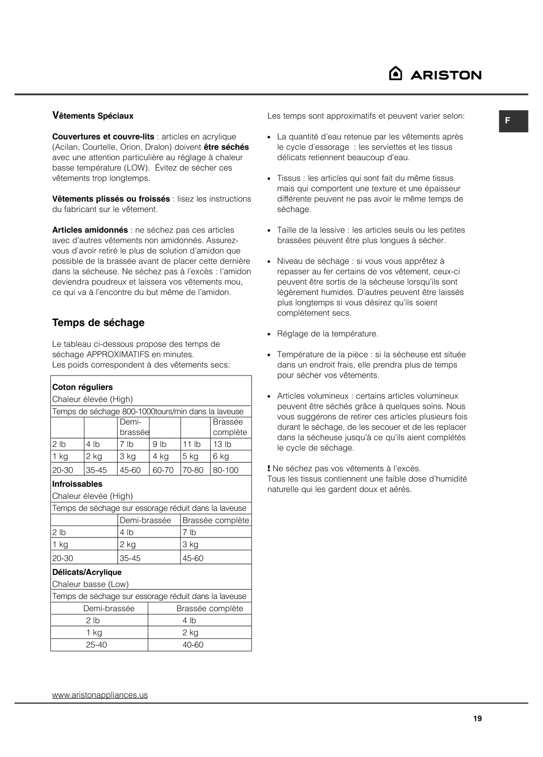 Ariston AS65VXS Temps de séchage, Du fabricant sur le vêtement, Coton réguliers, Infroissables, Délicats/Acrylique 