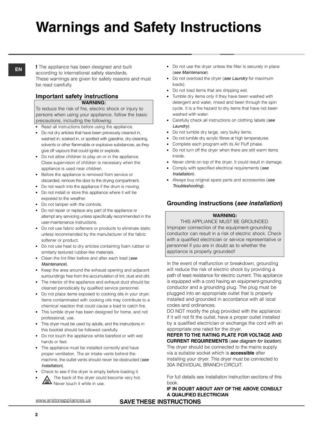 Ariston AS65VXS Important safety instructions, Grounding instructions see installation, Qualified Electrician 