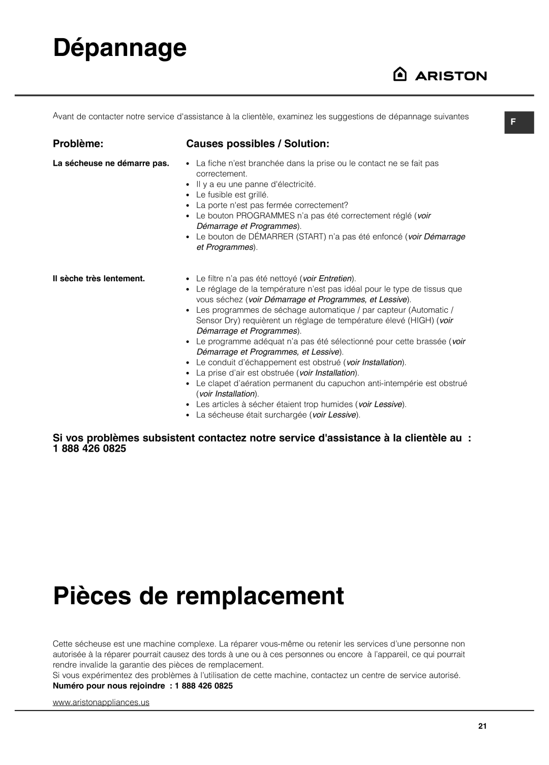 Ariston AS65VXS important safety instructions Dépannage, Pièces de remplacement, Problème Causes possibles / Solution 