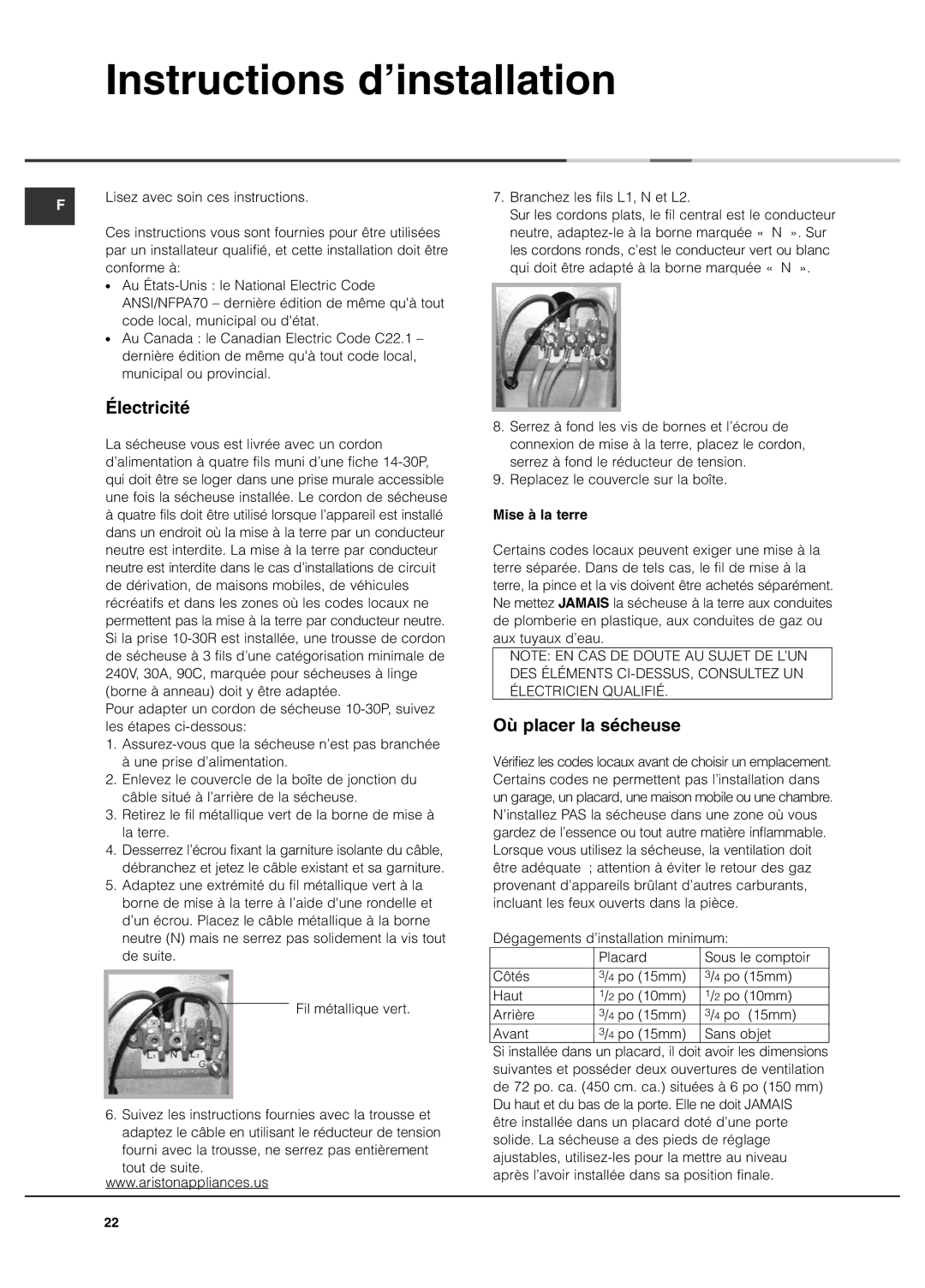 Ariston AS65VXS Instructions d’installation, Électricité, Où placer la sécheuse, Branchez les fils L1, N et L2 