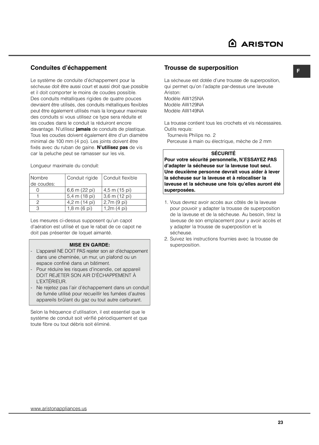 Ariston AS65VXS important safety instructions Conduites d’échappement, Trousse de superposition, Sécurité 