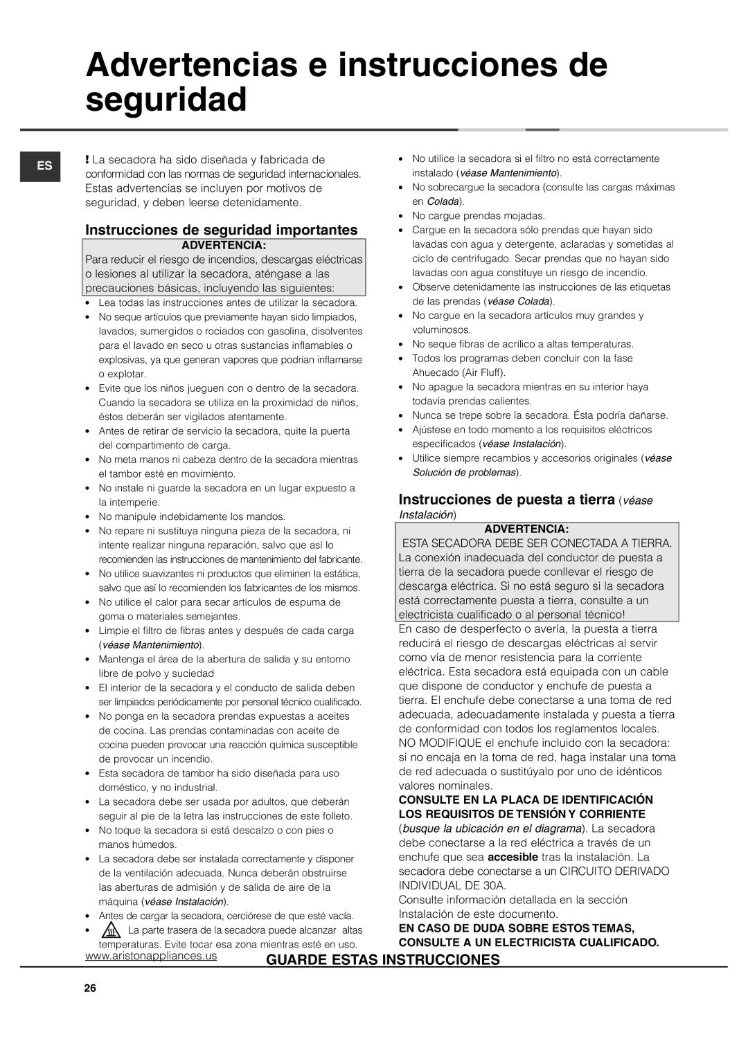 Ariston AS65VXS Advertencias e instrucciones de seguridad, Instrucciones de seguridad importantes, Instalación 