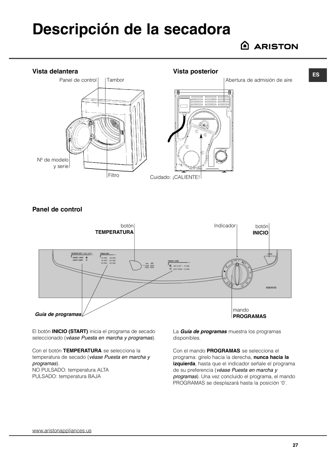 Ariston AS65VXS Descripción de la secadora, Vista delantera, Vista posterior, Panel de control 