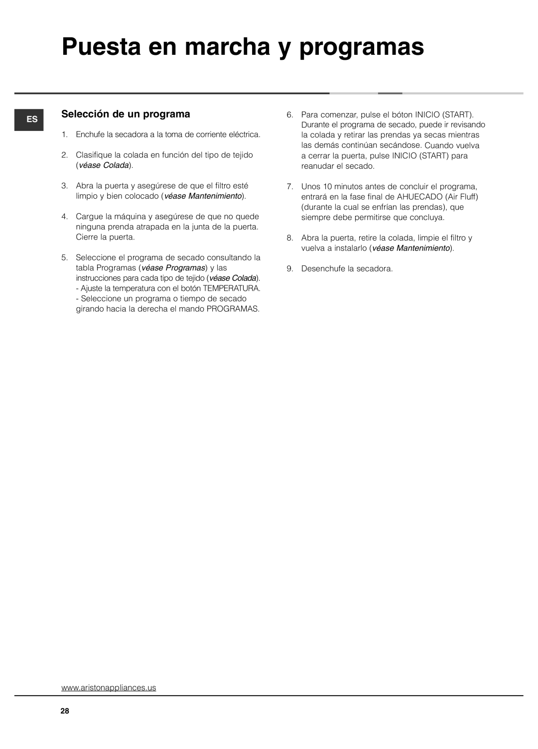 Ariston AS65VXS important safety instructions Puesta en marcha y programas, Selección de un programa 