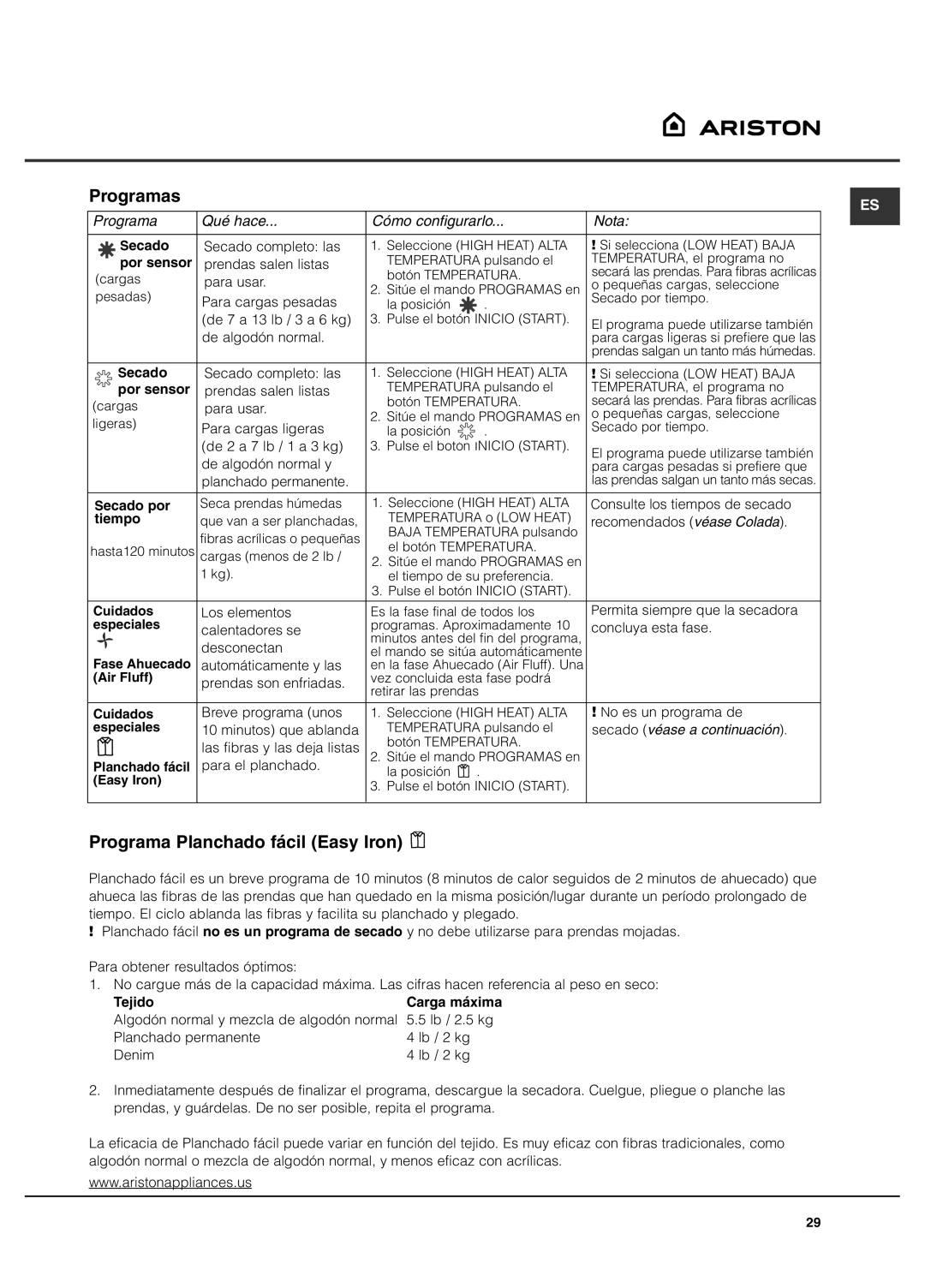 Ariston AS65VXS important safety instructions Programas, Programa Planchado fácil Easy Iron 