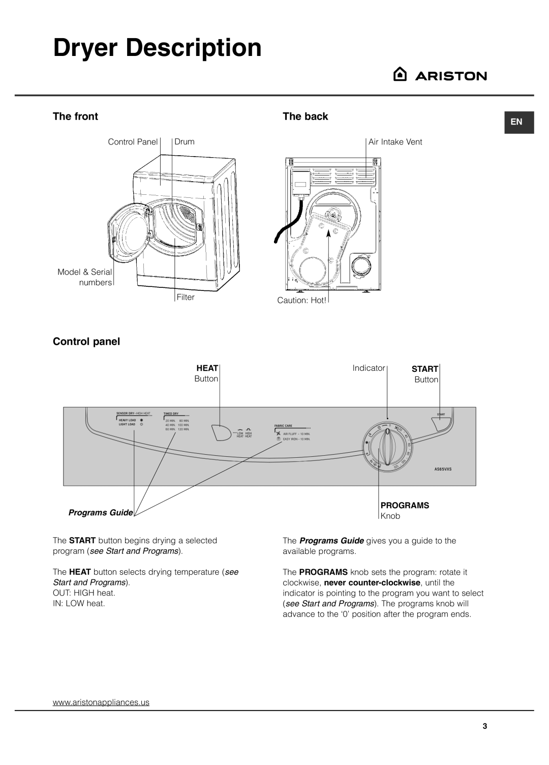 Ariston AS65VXS important safety instructions Dryer Description, Front Back, Control panel, Heat, Programs 