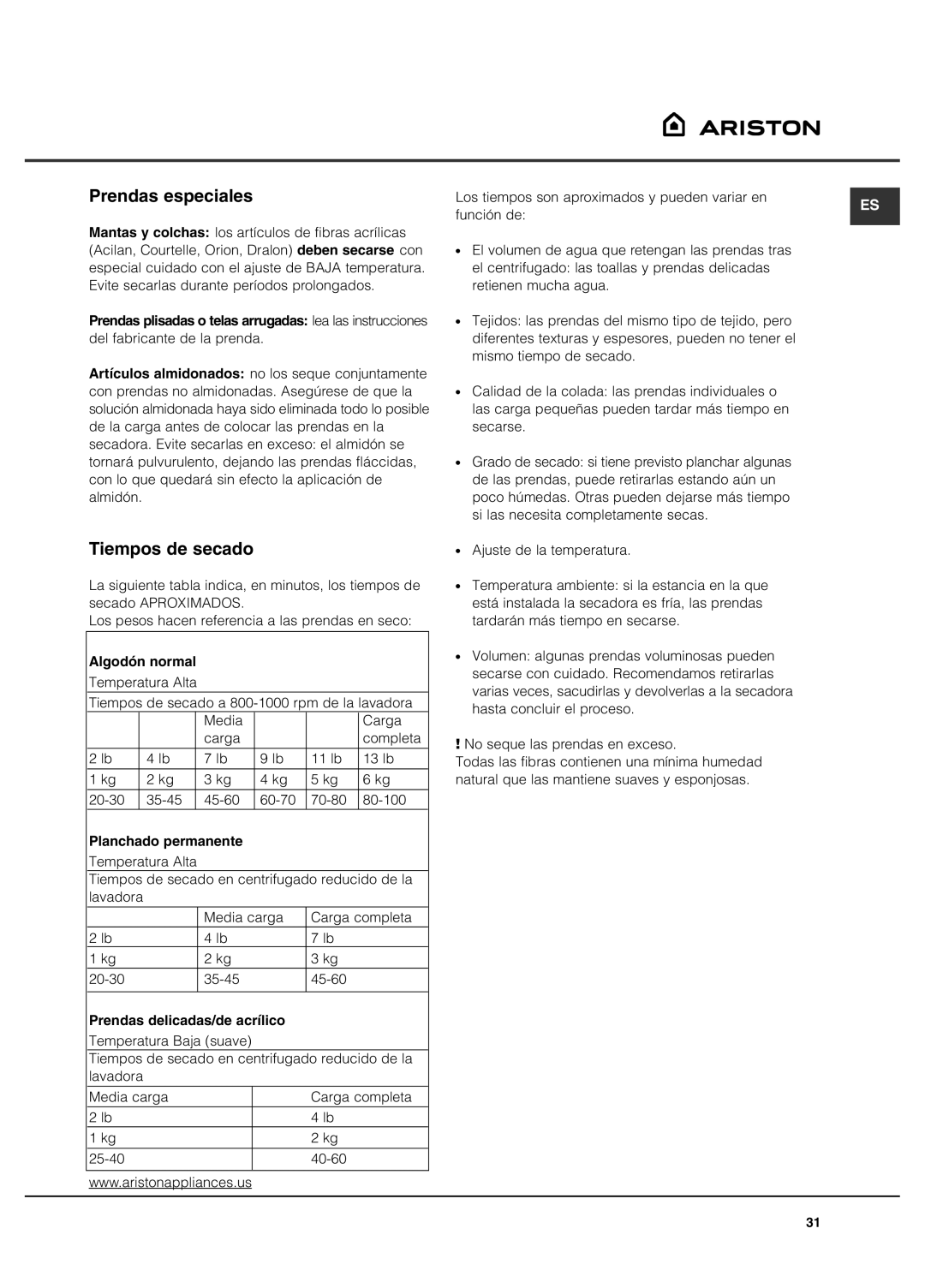 Ariston AS65VXS Prendas especiales, Tiempos de secado, Algodón normal, Planchado permanente, Prendas delicadas/de acrílico 