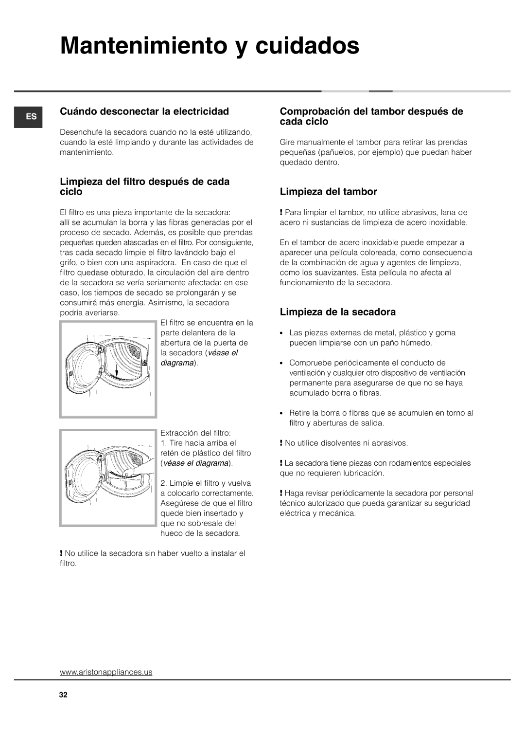 Ariston AS65VXS important safety instructions Mantenimiento y cuidados 