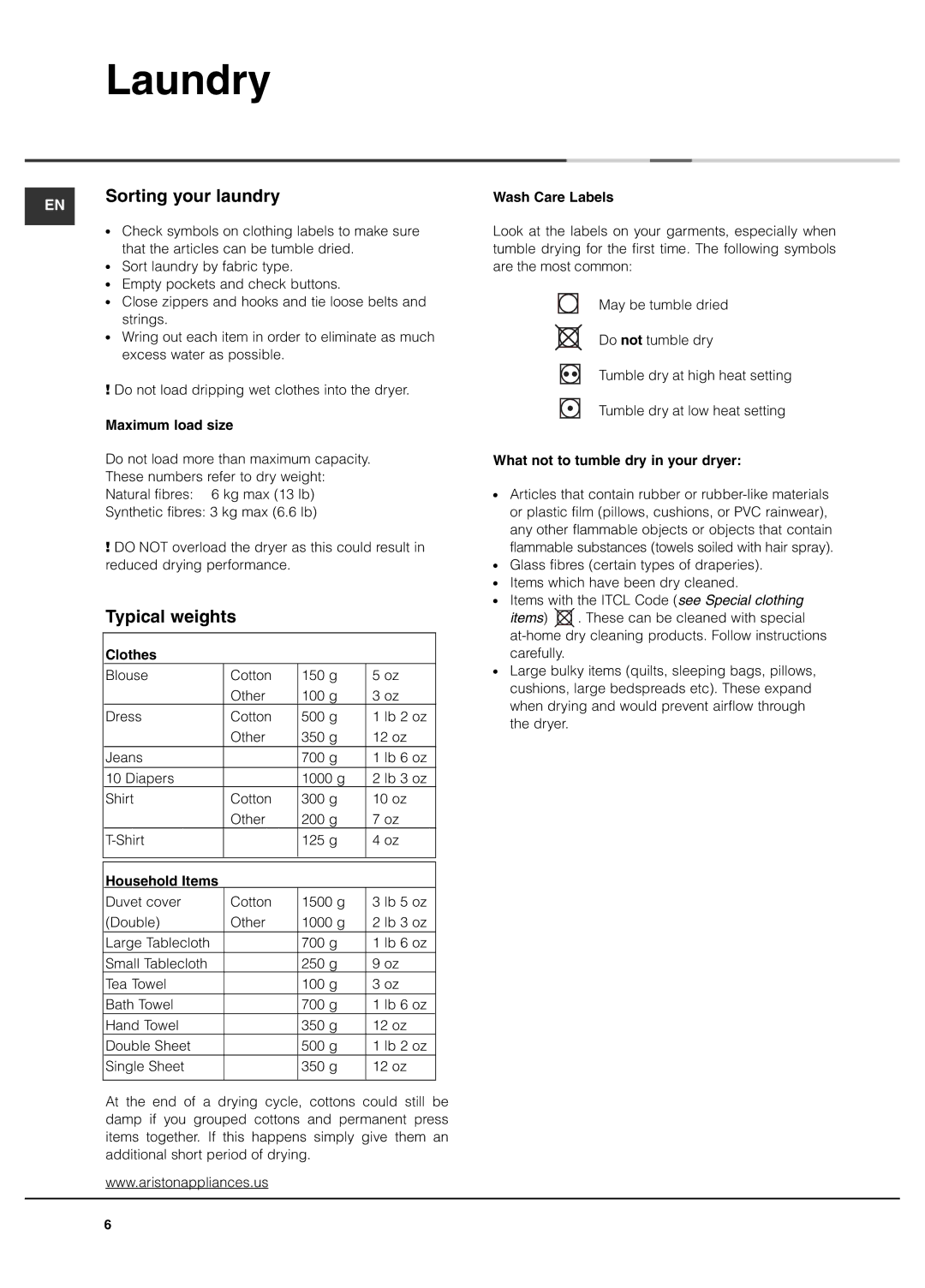 Ariston AS65VXS important safety instructions Laundry, Sorting your laundry, Typical weights 