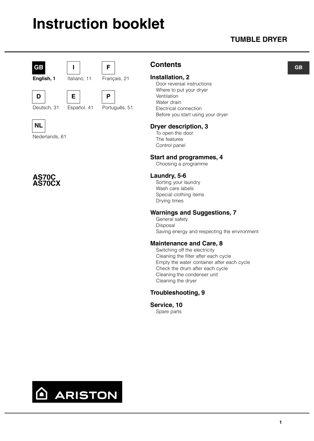 Ariston AS70CX manual Instruction booklet, Tumble Dryer 