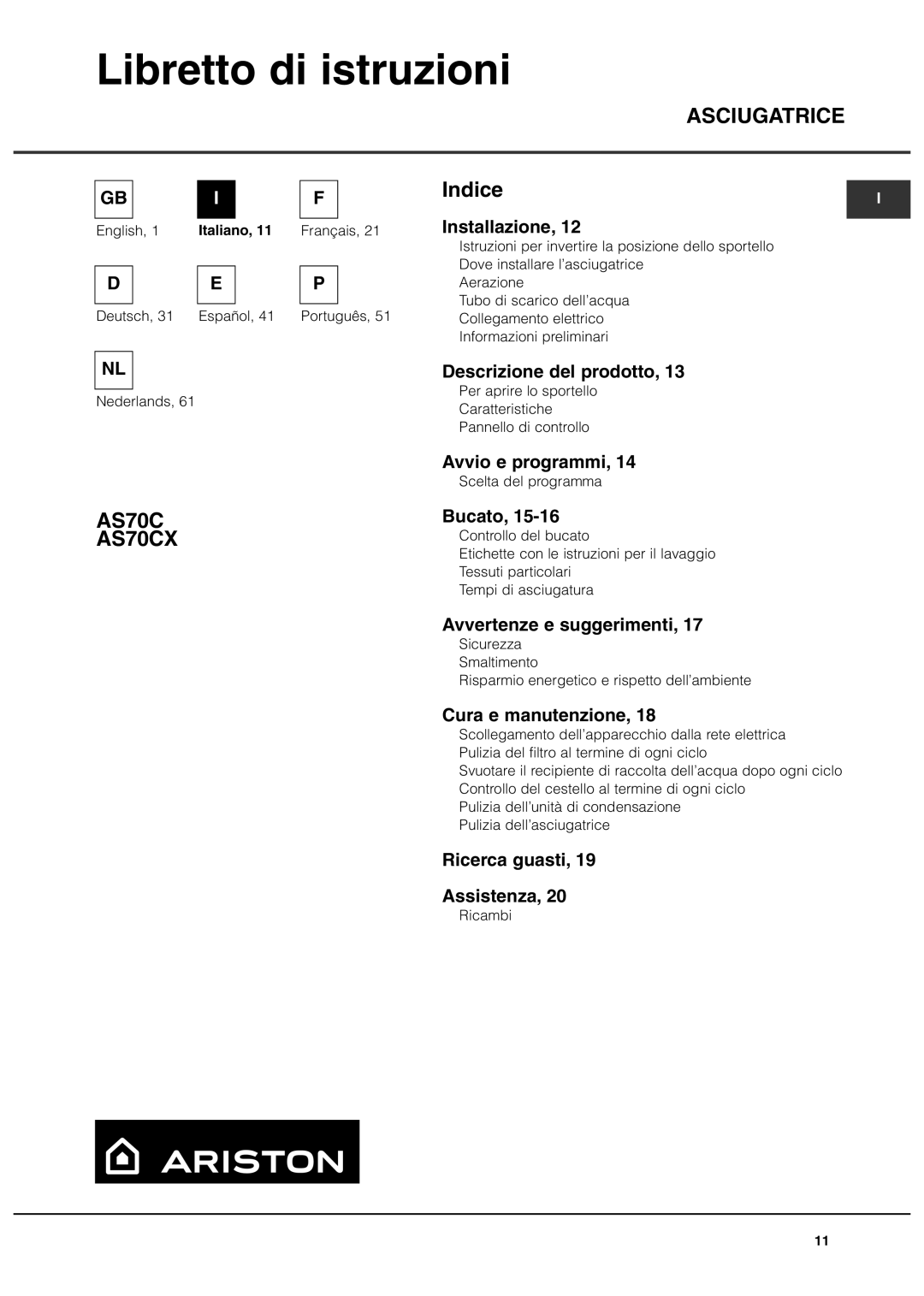 Ariston AS70CX manual Libretto di istruzioni 