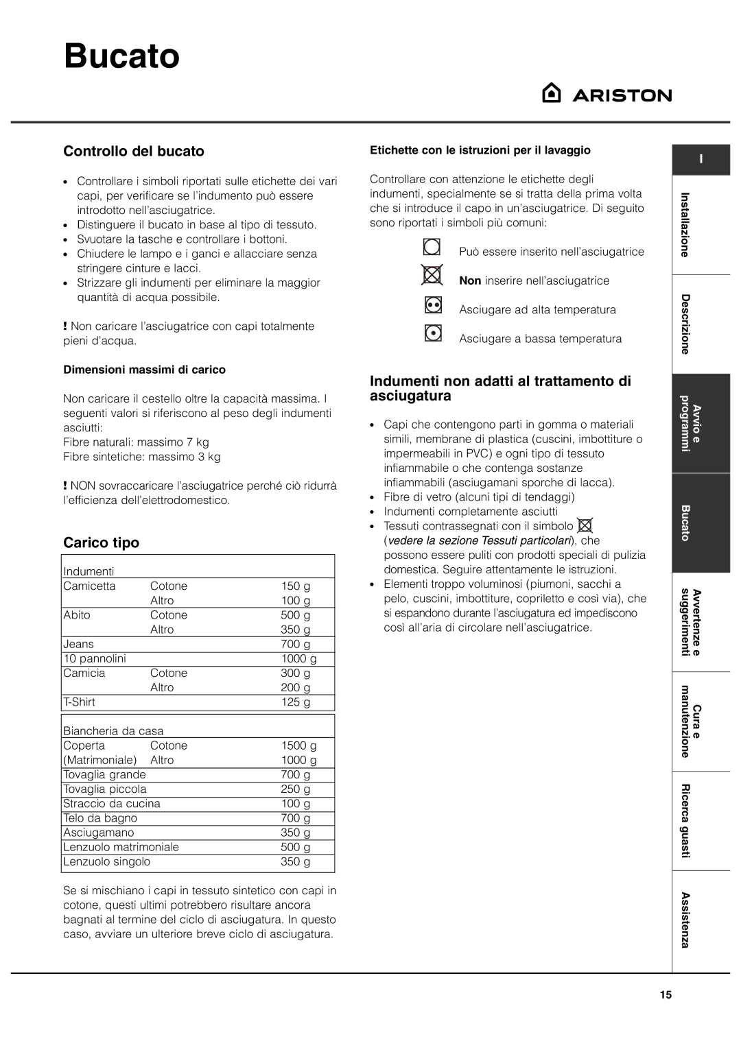 Ariston AS70CX manual Bucato, Controllo del bucato, Carico tipo, Indumenti non adatti al trattamento di asciugatura 