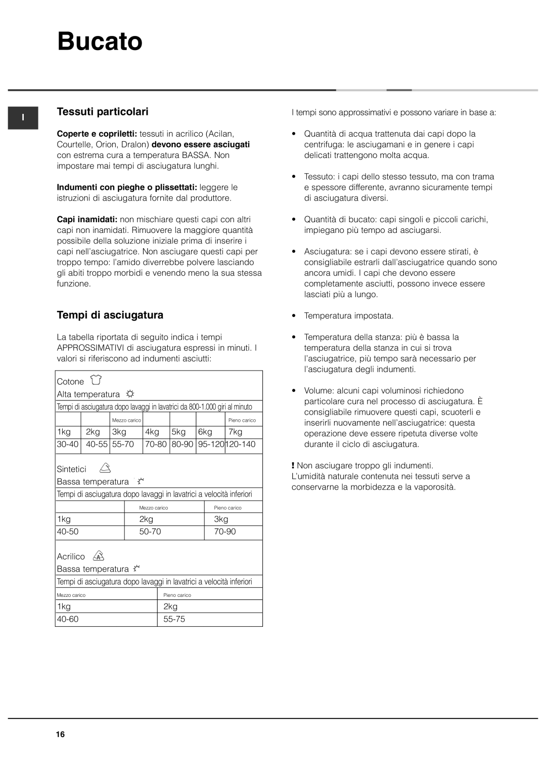 Ariston AS70CX manual Tessuti particolari, Tempi di asciugatura, 1kg 2kg 3kg 40-50 50-70 70-90 Acrilico Bassa temperatura 