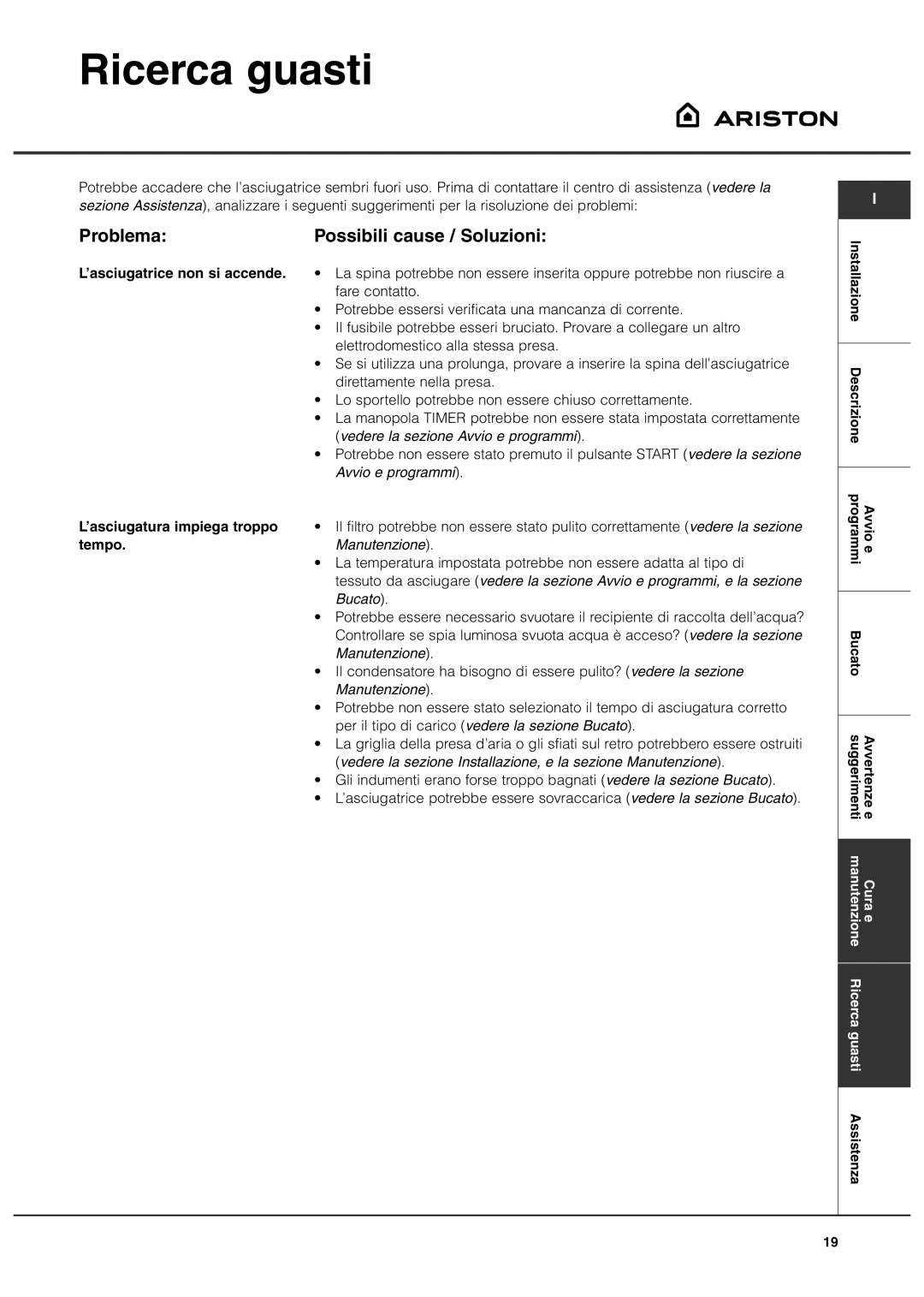 Ariston AS70CX manual Ricerca guasti, Problema Possibili cause / Soluzioni, ’asciugatrice non si accende, Tempo 