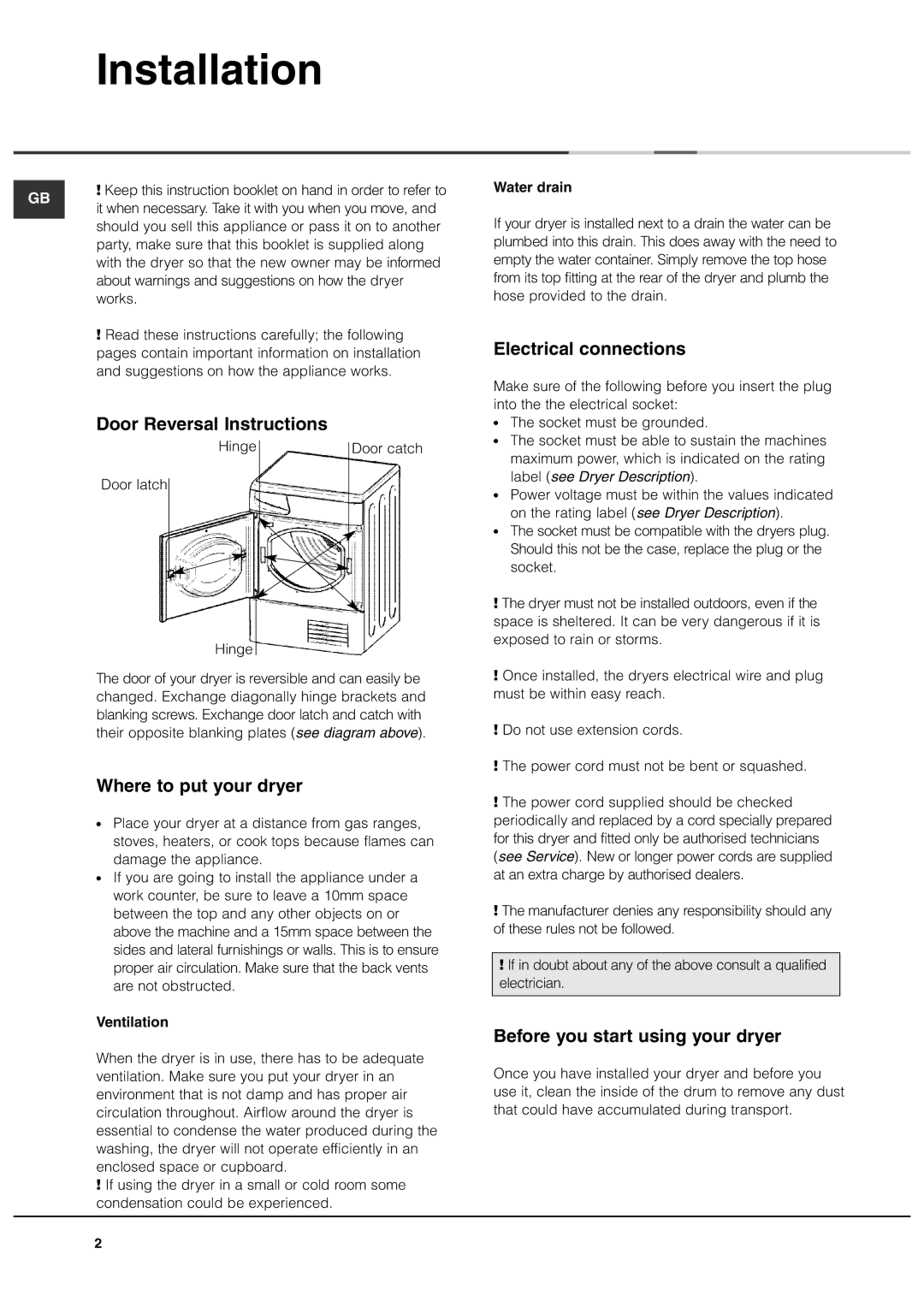 Ariston AS70CX manual Installation, Door Reversal Instructions, Where to put your dryer, Electrical connections 