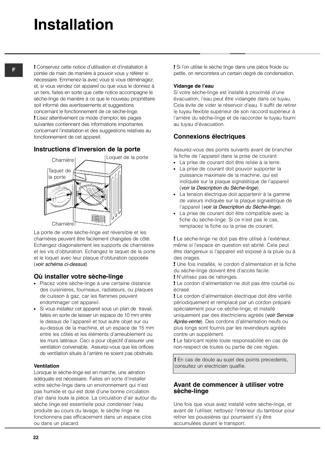 Ariston AS70CX manual Instructions d’inversion de la porte, Connexions électriques, Où installer votre sèche-linge 