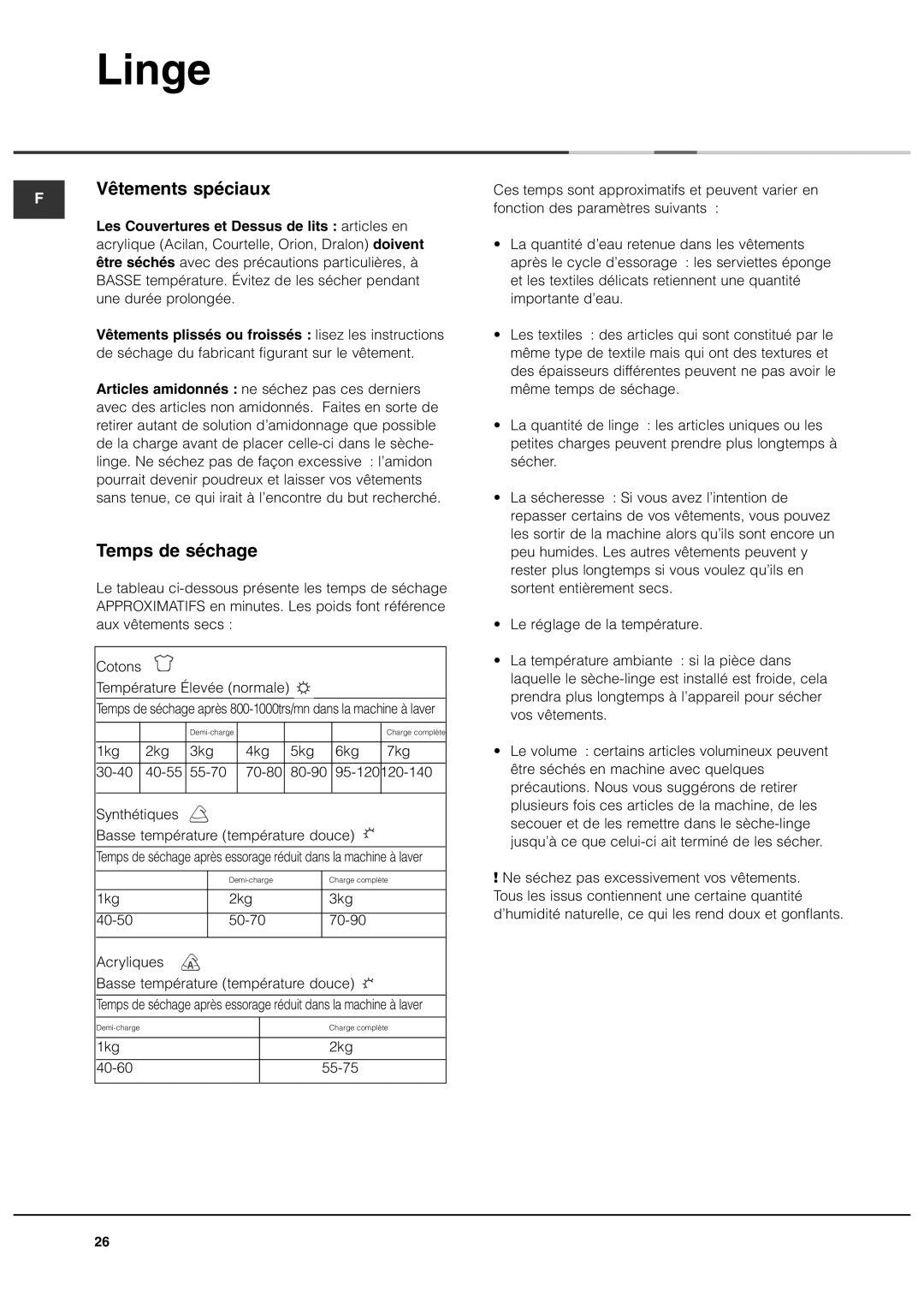 Ariston AS70CX manual Vêtements spéciaux, Temps de séchage, Les Couvertures et Dessus de lits articles en 