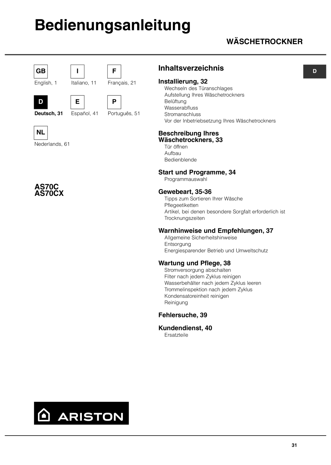 Ariston AS70CX manual Bedienungsanleitung 