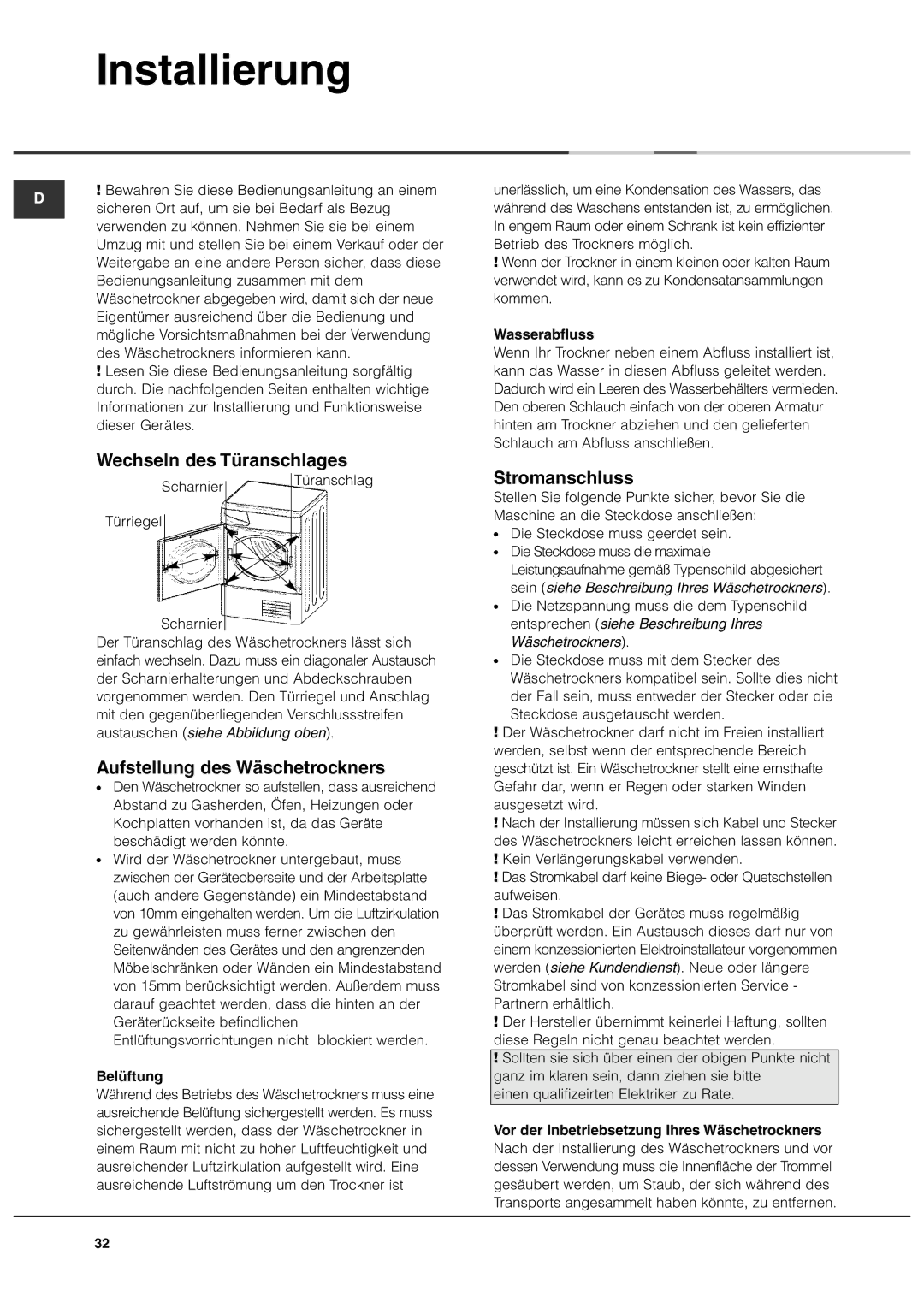 Ariston AS70CX manual Installierung, Wechseln des Türanschlages, Aufstellung des Wäschetrockners, Stromanschluss 