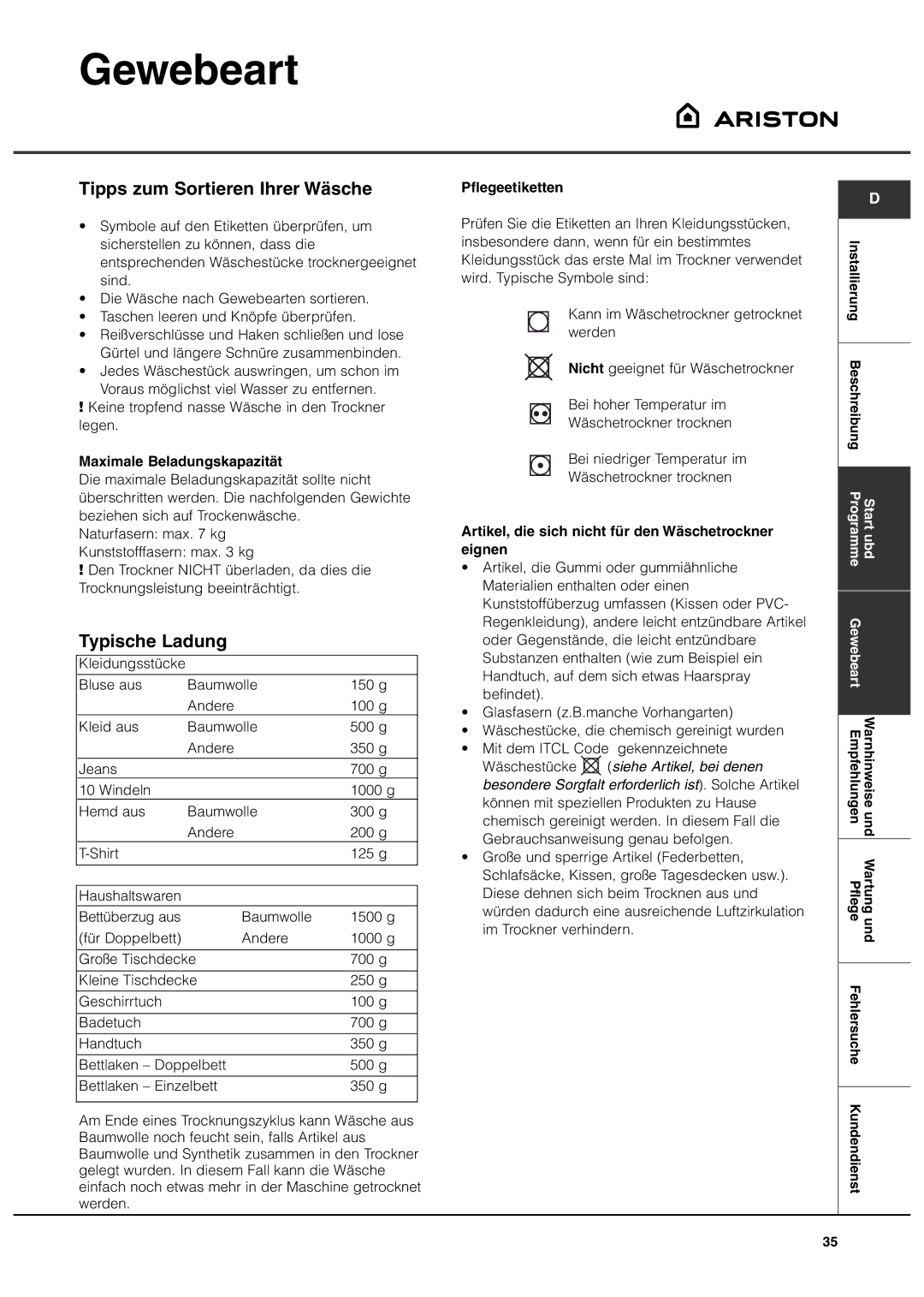 Ariston AS70CX manual Gewebeart, Tipps zum Sortieren Ihrer Wäsche, Typische Ladung 