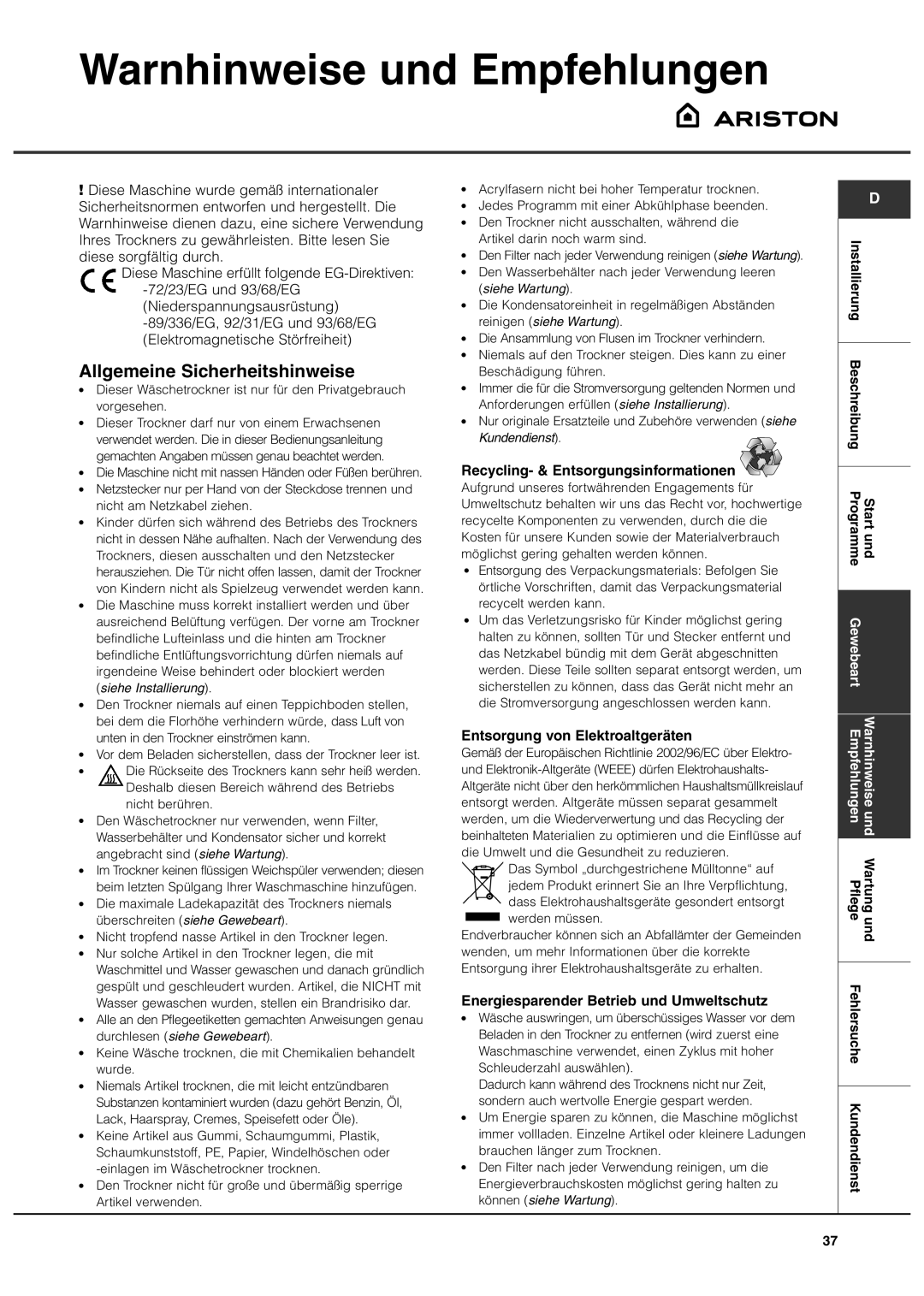 Ariston AS70CX Warnhinweise und Empfehlungen, Allgemeine Sicherheitshinweise, Recycling- & Entsorgungsinformationen 