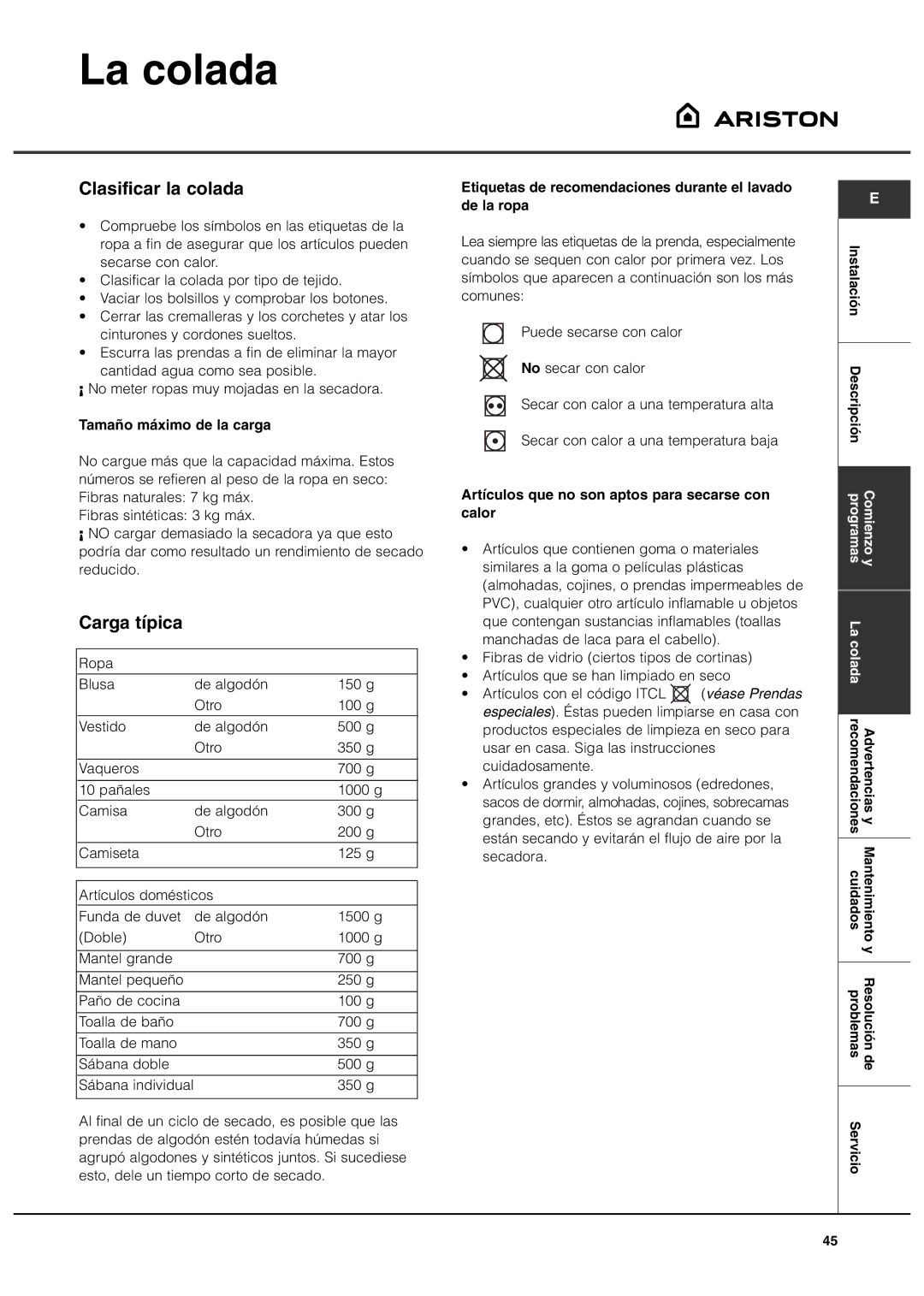 Ariston AS70CX manual La colada, Clasificar la colada, Carga típica 