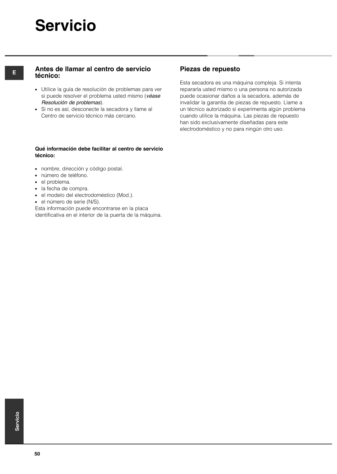 Ariston AS70CX manual Servicio, Antes de llamar al centro de servicio Técnico, Piezas de repuesto, Resolución de problemas 