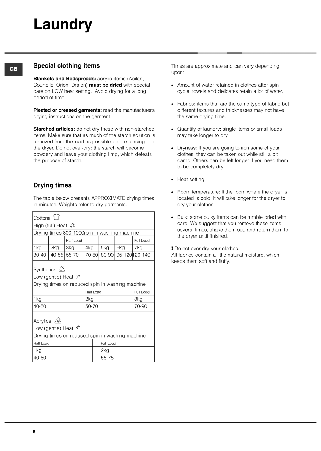 Ariston AS70CX manual Special clothing items, Drying times 