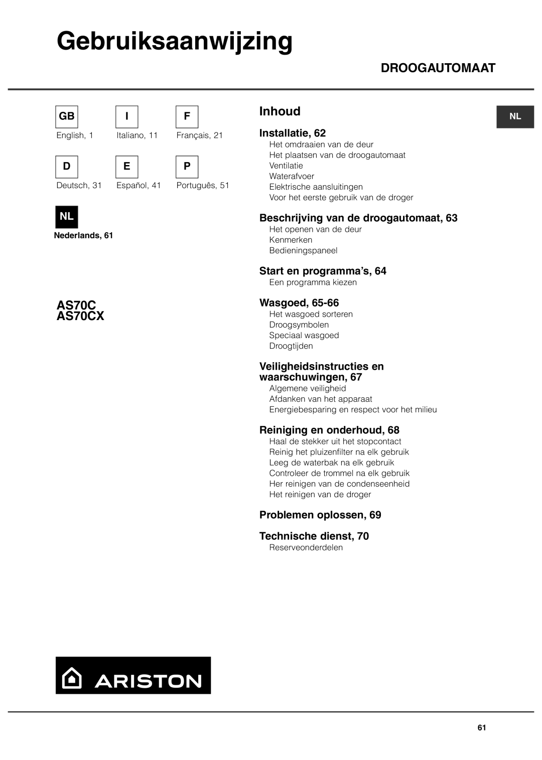 Ariston AS70CX manual Gebruiksaanwijzing 