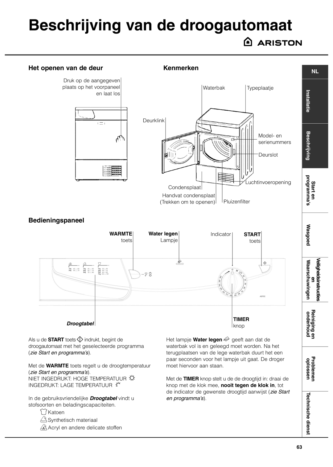 Ariston AS70CX manual Beschrijving van de droogautomaat, Het openen van de deur, Kenmerken, Bedieningspaneel 