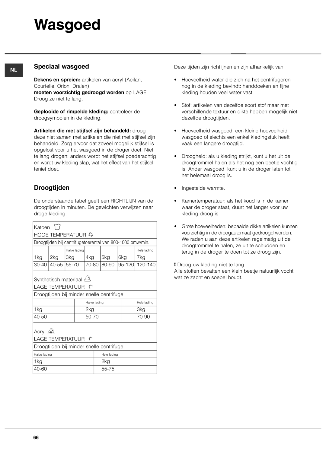 Ariston AS70CX manual Speciaal wasgoed, Droogtijden, Moeten voorzichtig gedroogd worden op Lage 