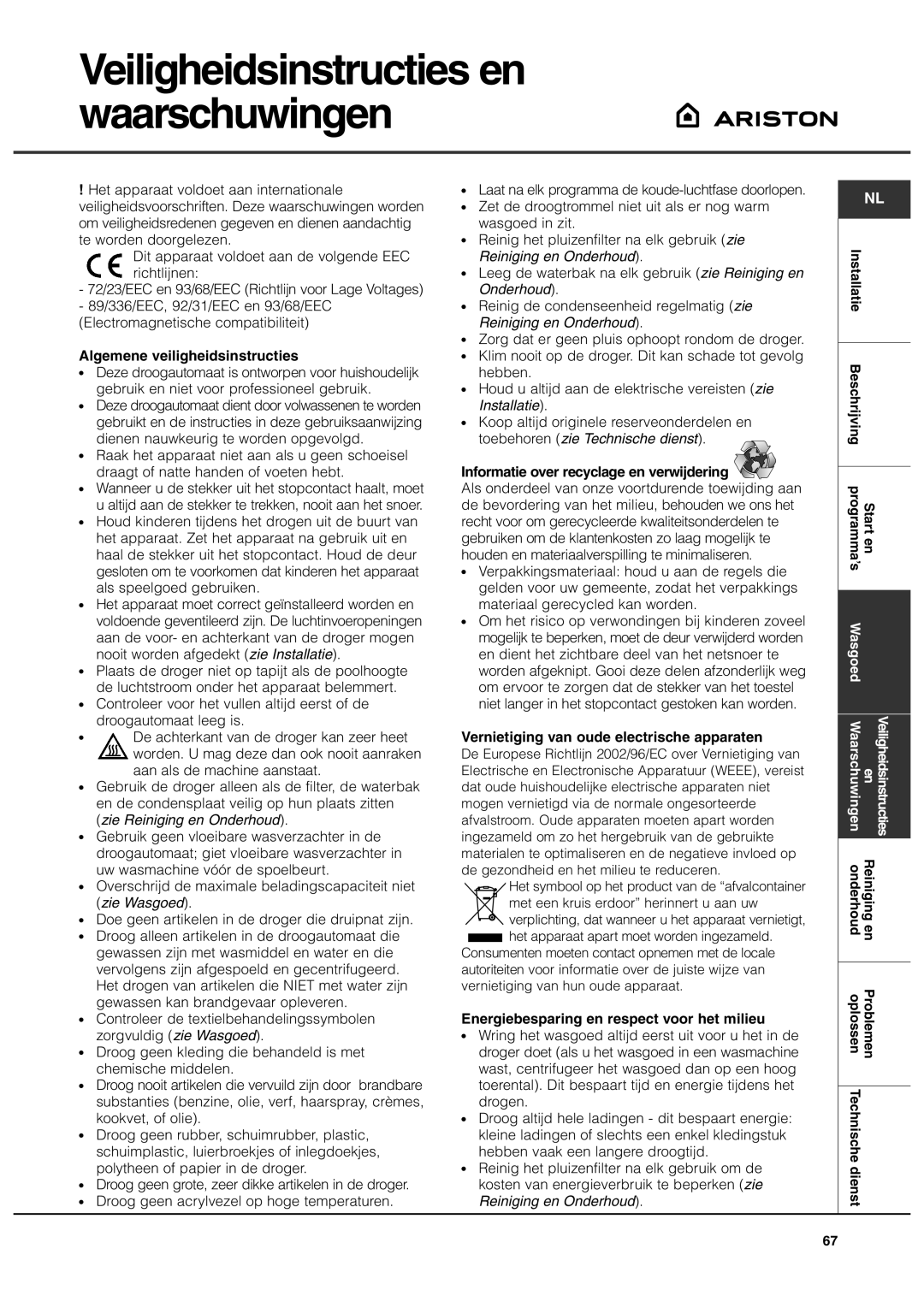 Ariston AS70CX manual Veiligheidsinstructies en waarschuwingen, Algemene veiligheidsinstructies 