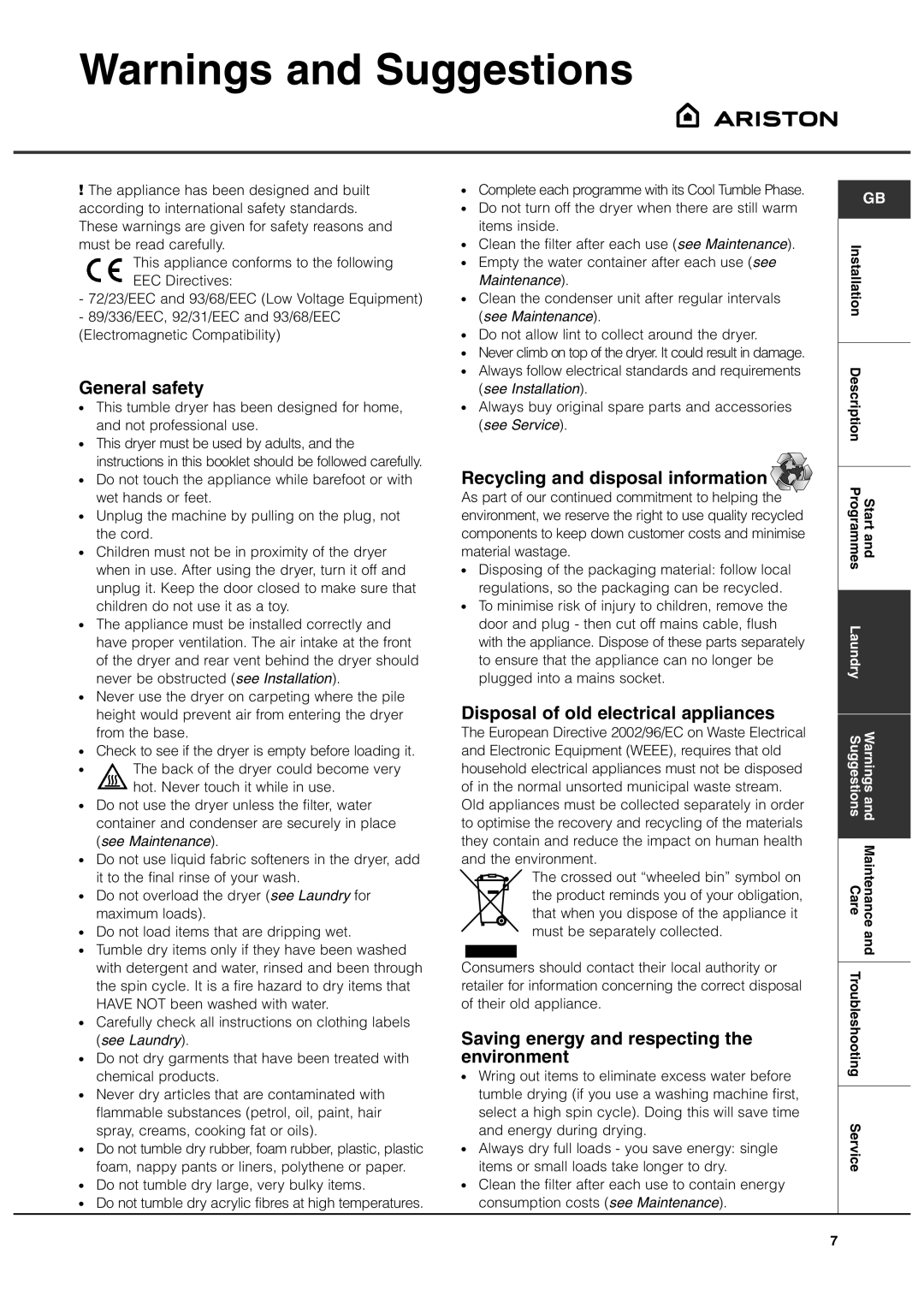 Ariston AS70CX manual General safety, Recycling and disposal information, Disposal of old electrical appliances 