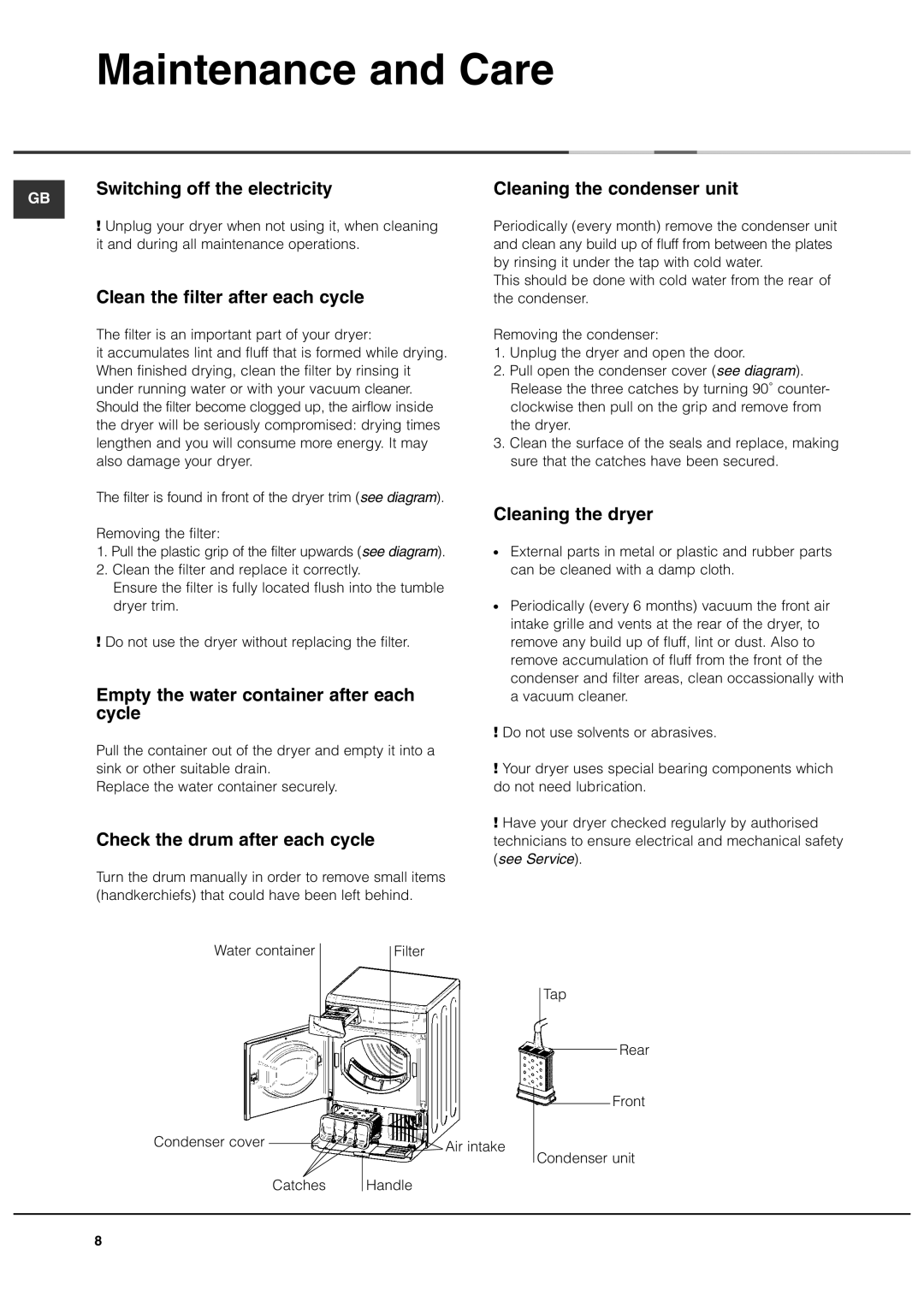 Ariston AS70CX manual Maintenance and Care 