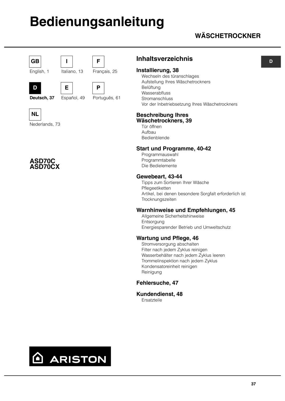 Ariston ASD70CX manual Bedienungsanleitung 