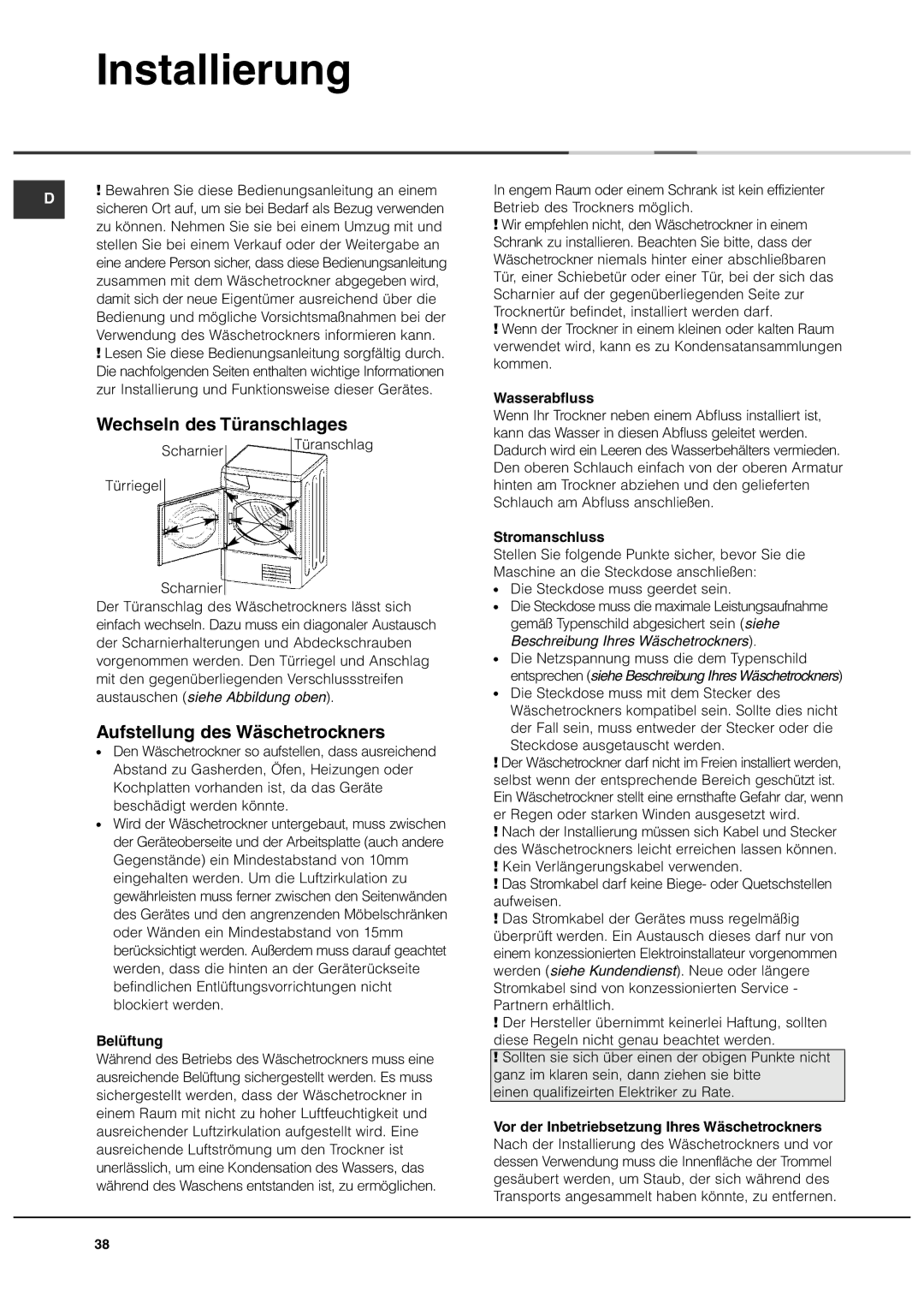 Ariston ASD70CX manual Installierung, Wechseln des Türanschlages, Aufstellung des Wäschetrockners 