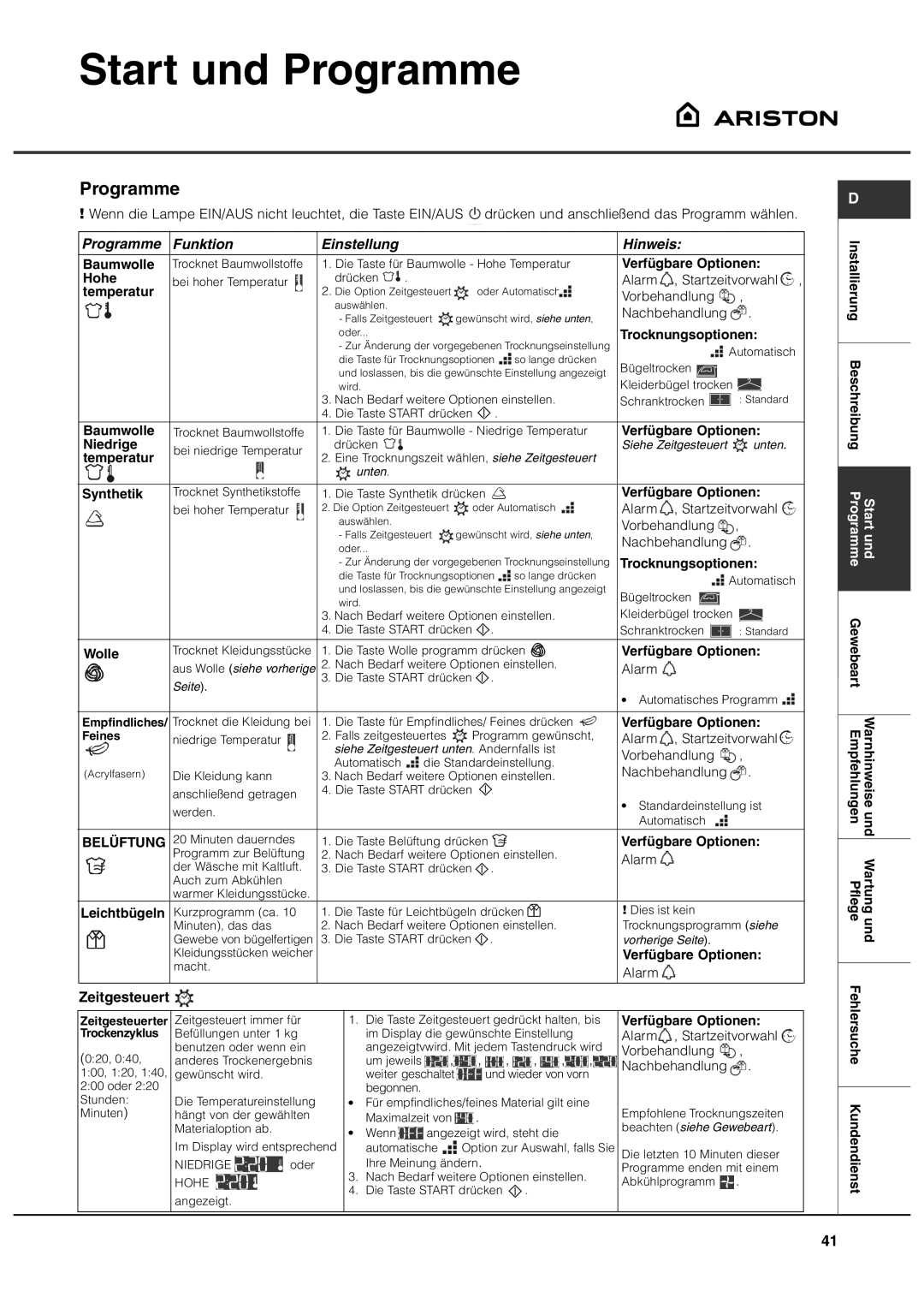 Ariston ASD70CX manual Programme Funktion Einstellung Hinweis, Zeitgesteuert 