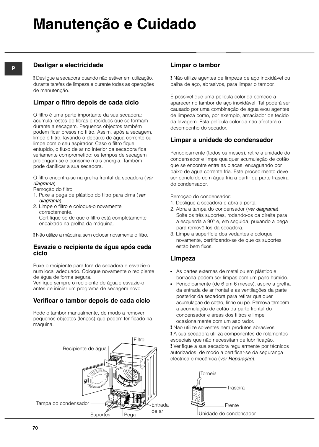 Ariston ASD70CX manual Manutenção e Cuidado 