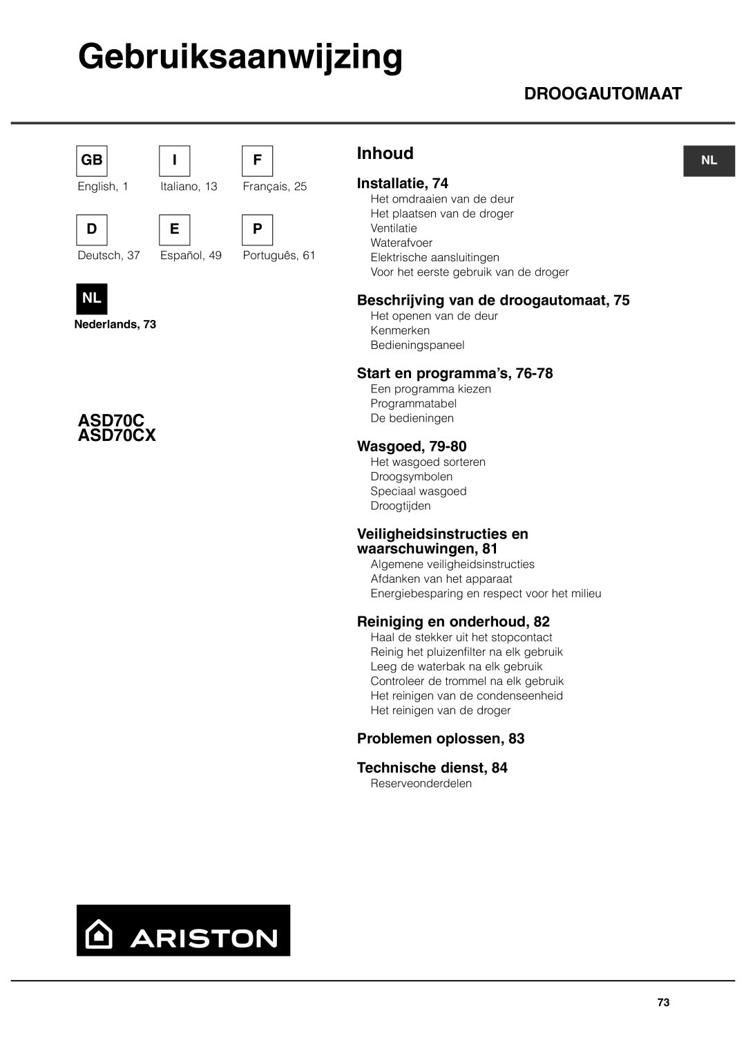 Ariston ASD70CX manual Gebruiksaanwijzing 