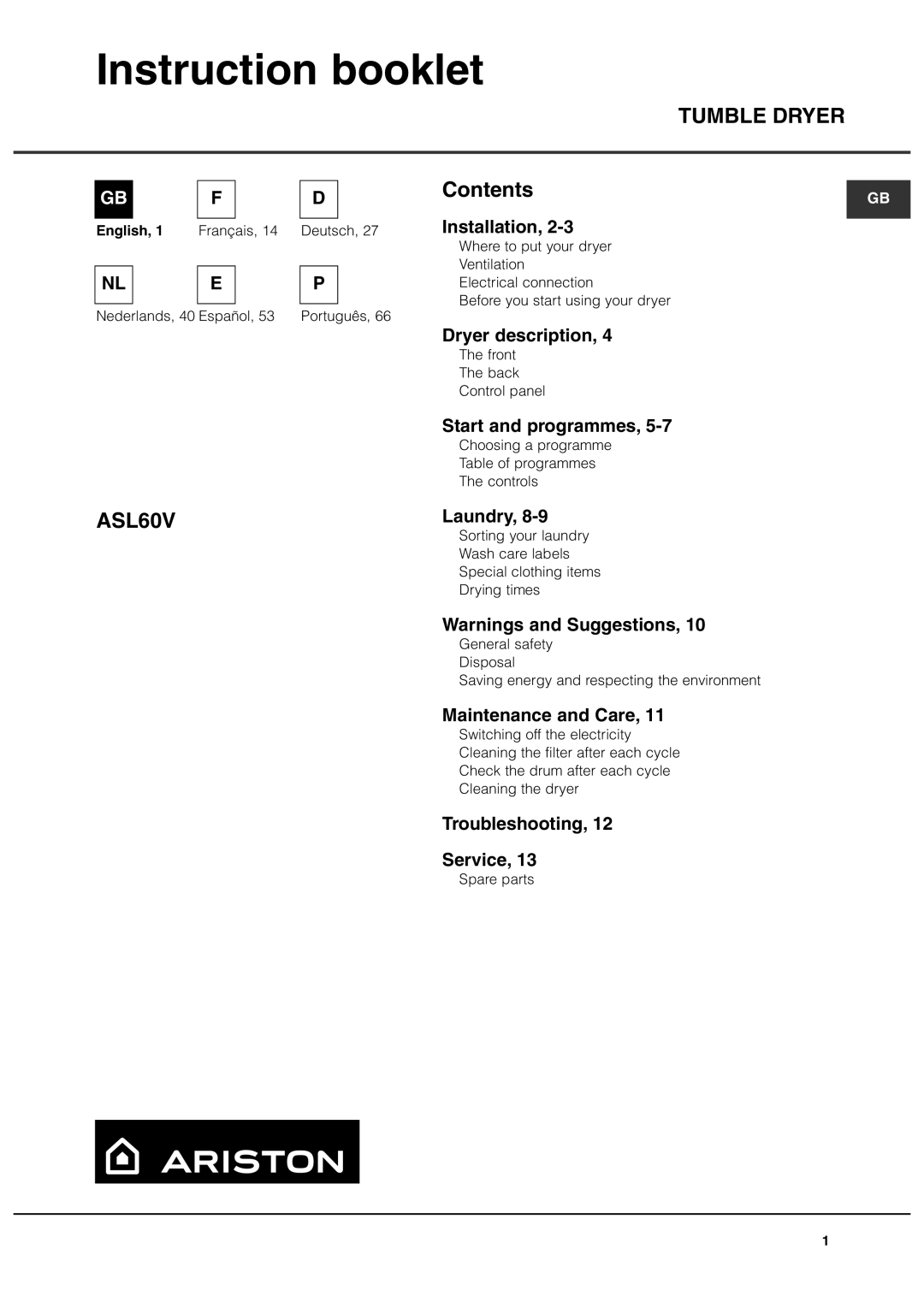 Ariston ASL60V manual Instruction booklet, Tumble Dryer 