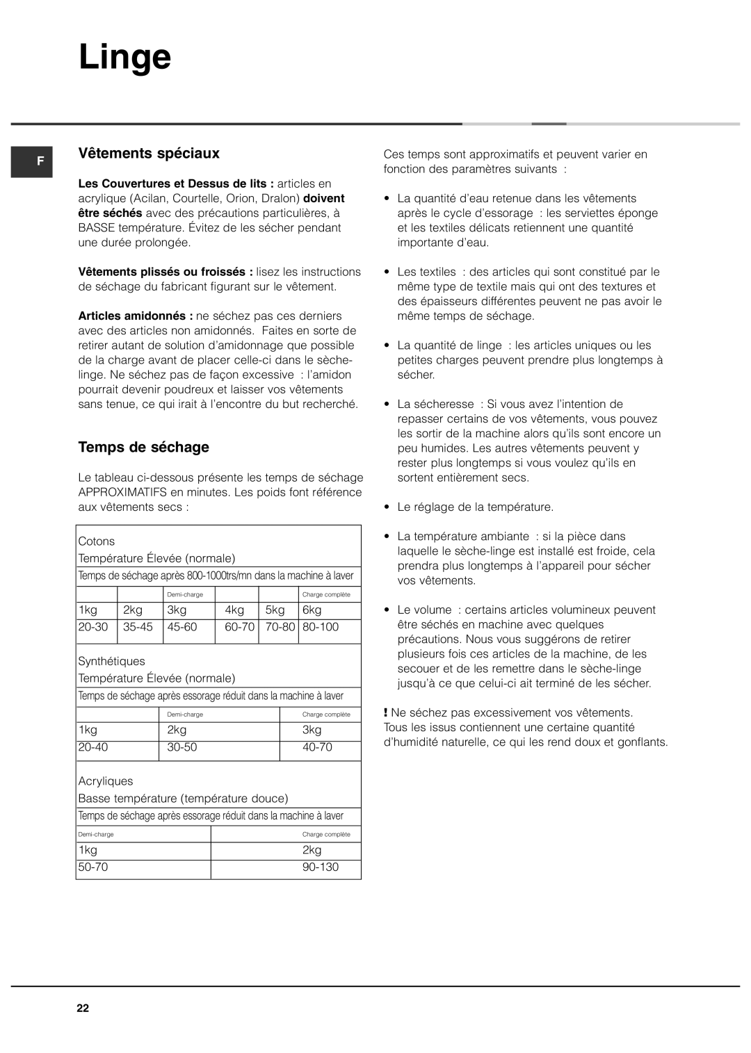 Ariston ASL60V manual Vêtements spéciaux, Temps de séchage, Les Couvertures et Dessus de lits articles en 