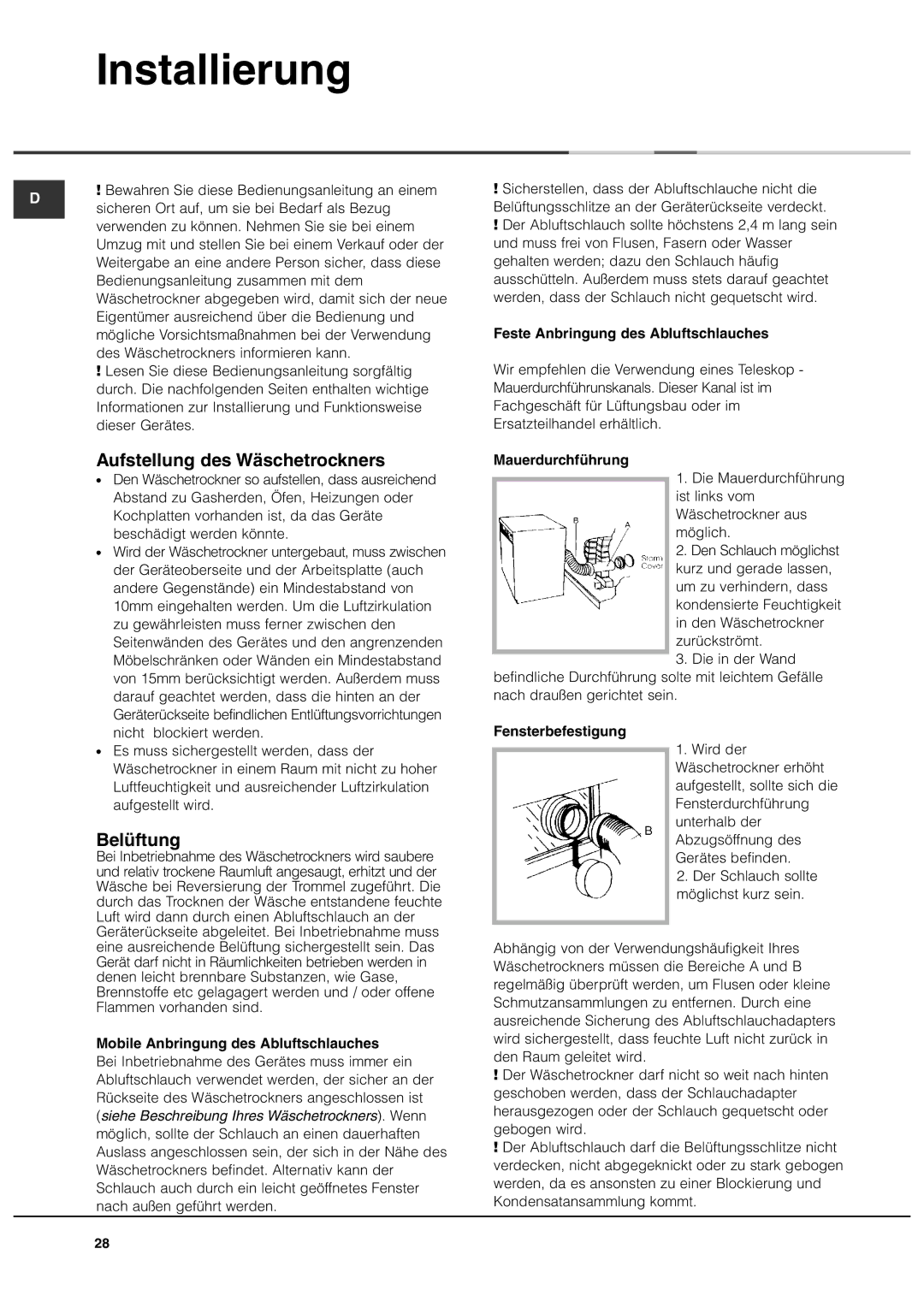 Ariston ASL60V manual Installierung, Aufstellung des Wäschetrockners, Belüftung 