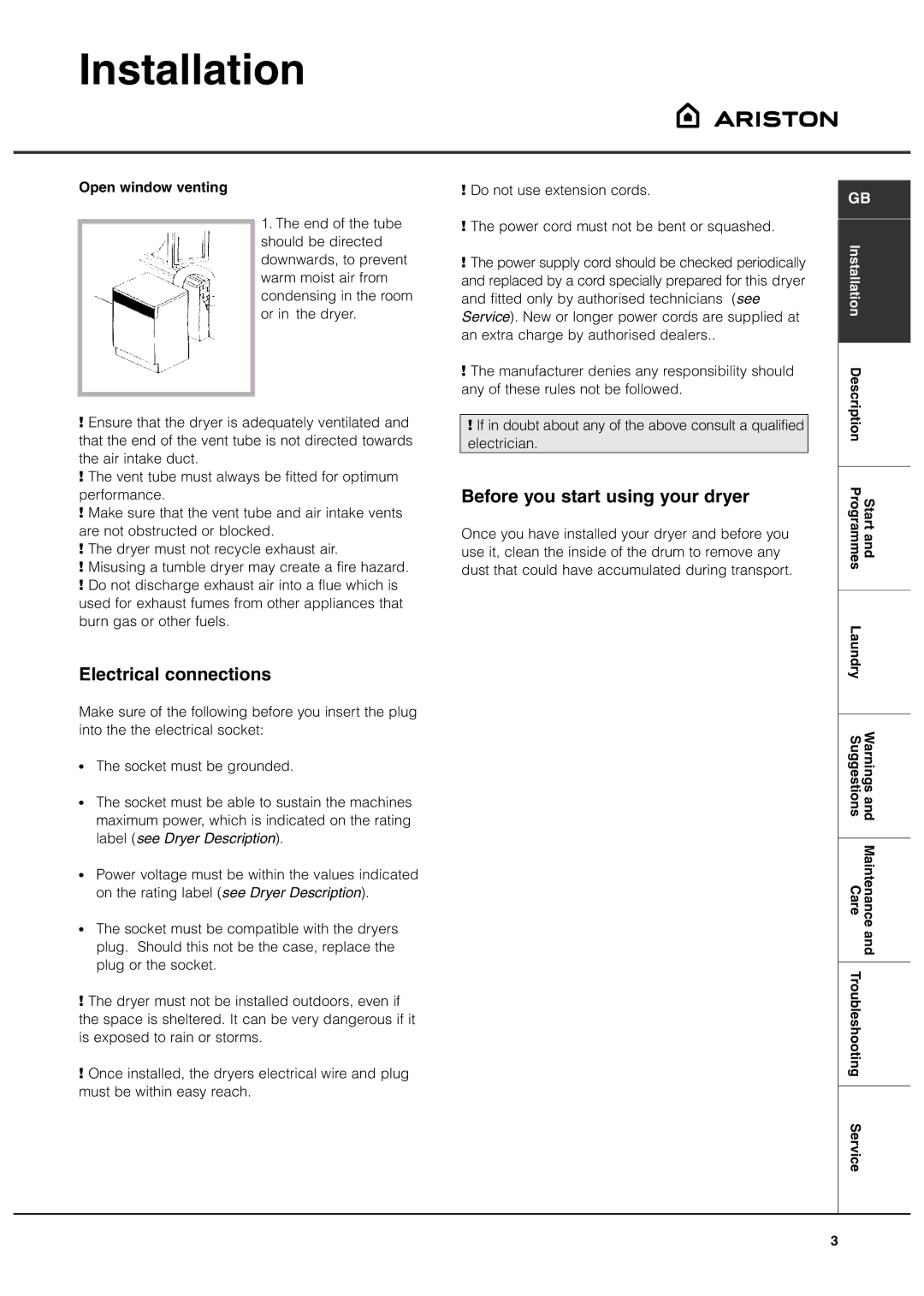 Ariston ASL60V manual Electrical connections, Before you start using your dryer, Open window venting 