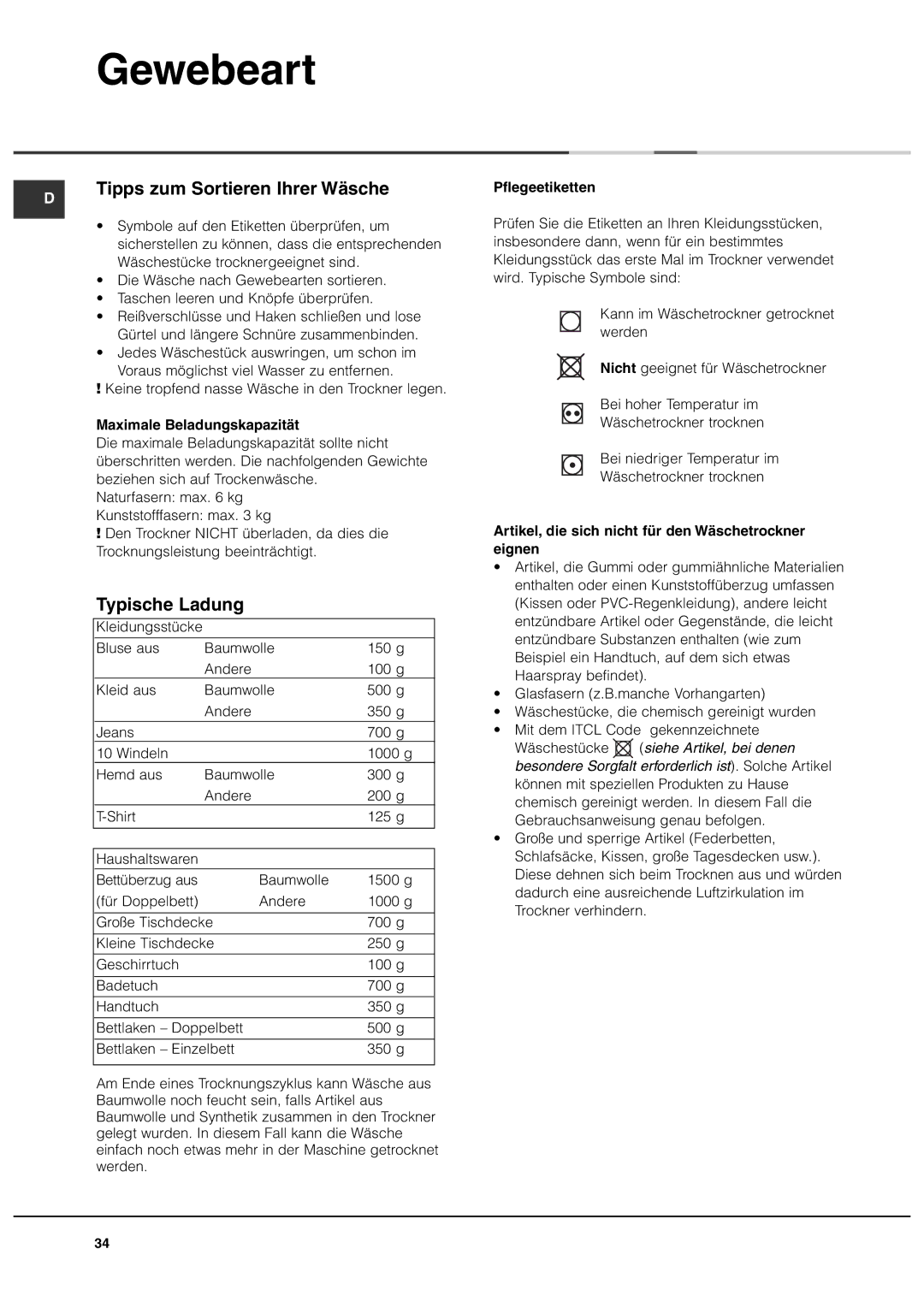 Ariston ASL60V manual Gewebeart, Tipps zum Sortieren Ihrer Wäsche, Typische Ladung 