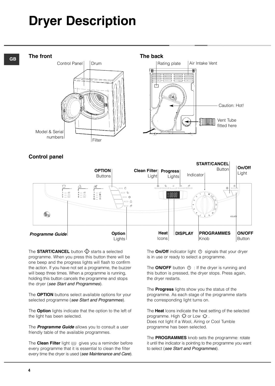 Ariston ASL60V manual Dryer Description, Front, Control panel, Back, Programme Guide 