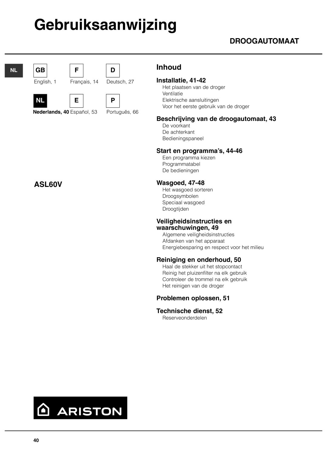 Ariston ASL60V manual Gebruiksaanwijzing 