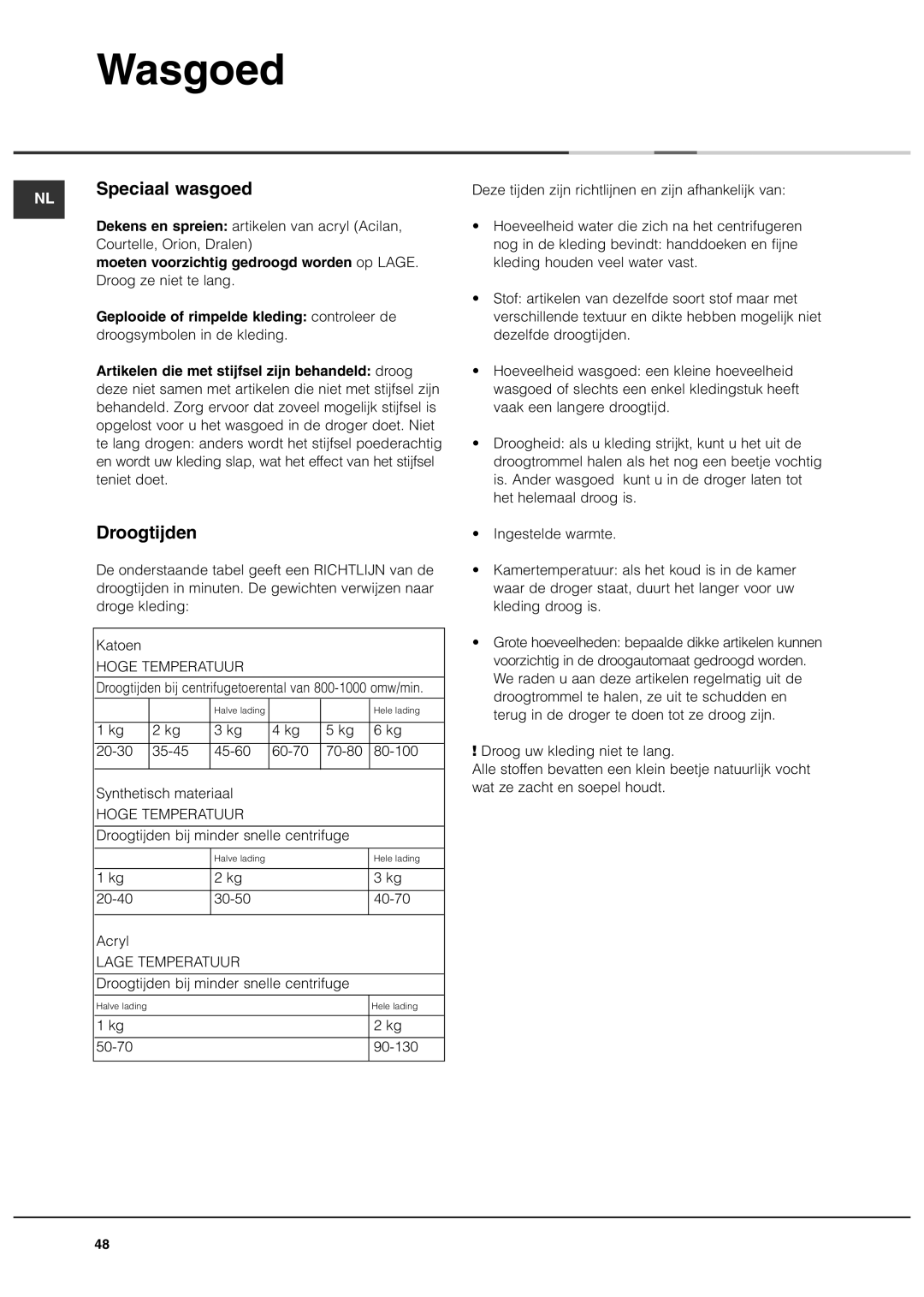 Ariston ASL60V manual Speciaal wasgoed, Droogtijden, Moeten voorzichtig gedroogd worden op Lage 