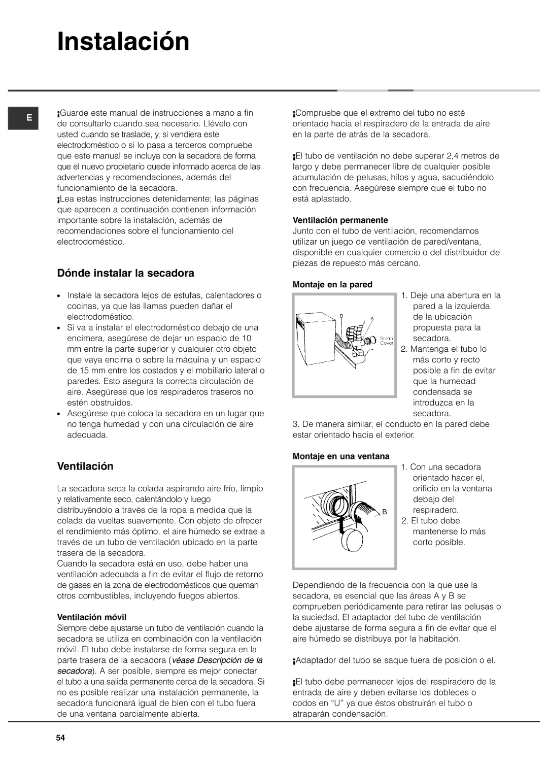 Ariston ASL60V manual Instalación, Dónde instalar la secadora, Ventilación 