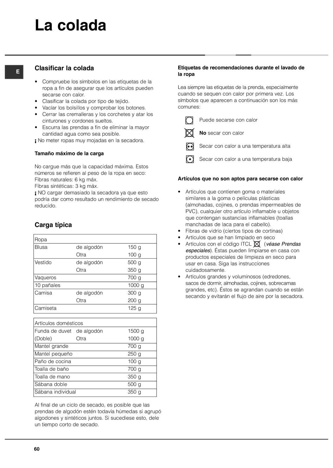 Ariston ASL60V manual La colada, Clasificar la colada, Carga típica 